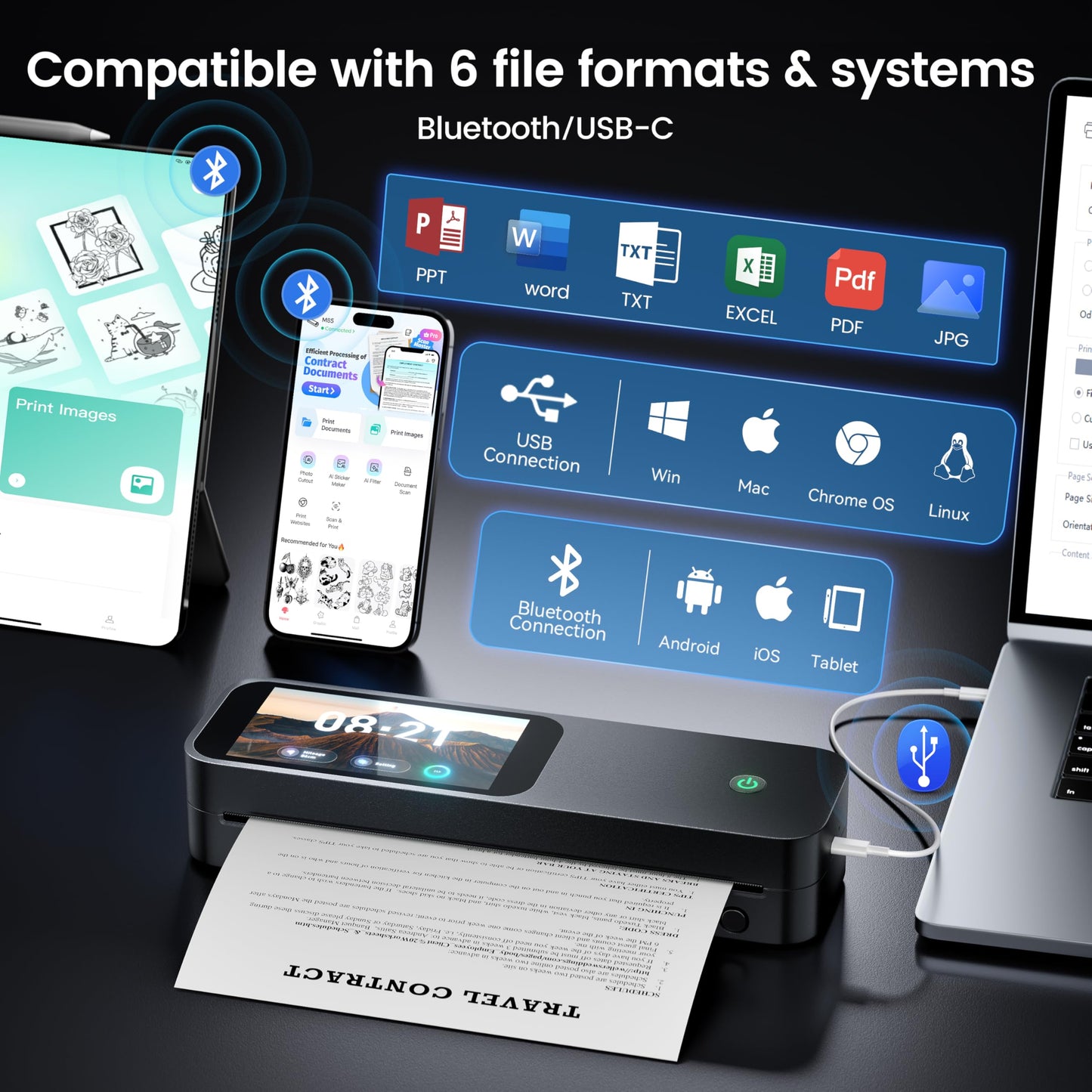 Phomemo M85 Portable Printers Wireless for Travel with Upgraded Touchscreen, Thermal Wireless Inkless Bluetooth Printer, Supports 8.5"x11"US Letter/A4/B5/A5, Compatible with iOS, Android, Windows, Mac