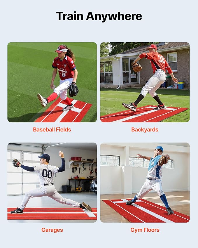 VEVOR 10x3ft Softball/Baseball Pitching Mat with Rubber Mound - Anti-Fade Turf & Anti-Slip Foam Backing, Portable Fastpitch Training Aid for Indoor/Outdoor Practice (Red/Green)