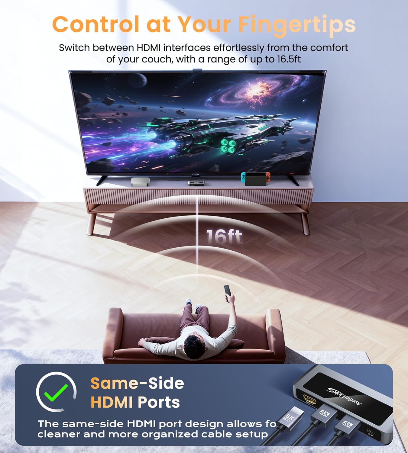 avedio links 8K 2.1 4K@120Hz 8K@60Hz, 2 1 2 1 PS5 HDMI Switch Bi-Directional in Out HDMI Switcher with Remote, Aluminum