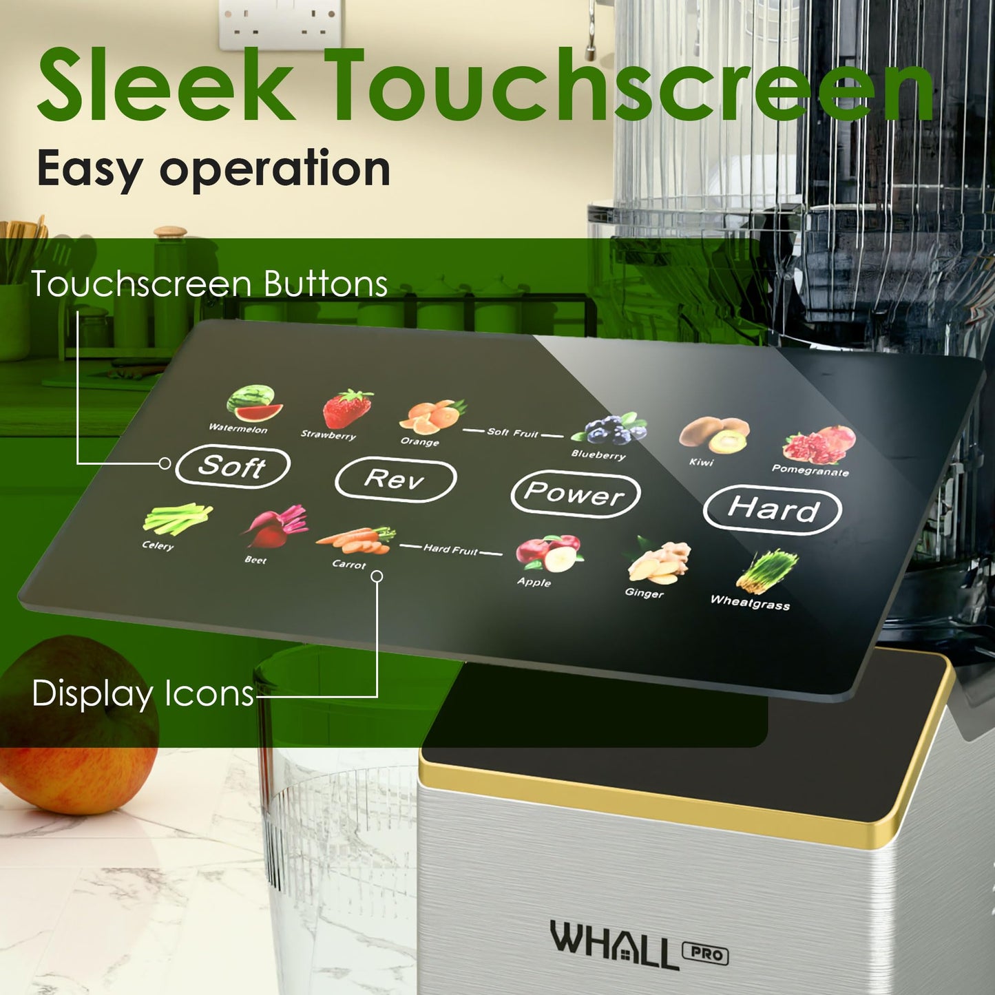 WHALLPRO Slow Masticating Juicer machines, Touch Control Cold Press Juicer with Wide Feed Chute, Juicer Easy to Clean for Whole Vegetables Fruits, Ergonomic Operational Panel,High Juice Yield,Titanium