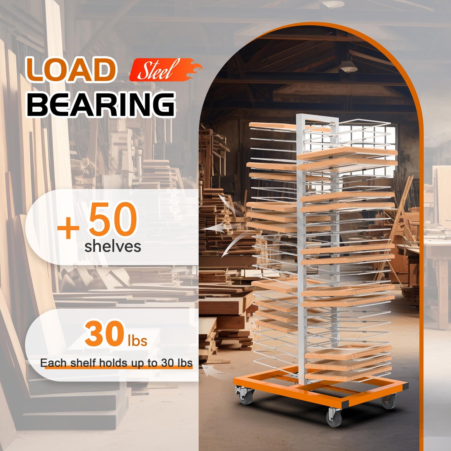 BERPET 50-Shelf Cabinet Door Paint Drying Rack - Heavy Duty Steel Mobile Stand, 1500 LBS Total Capacity (30 LBS/Tier) - Woodworking & Art Studio