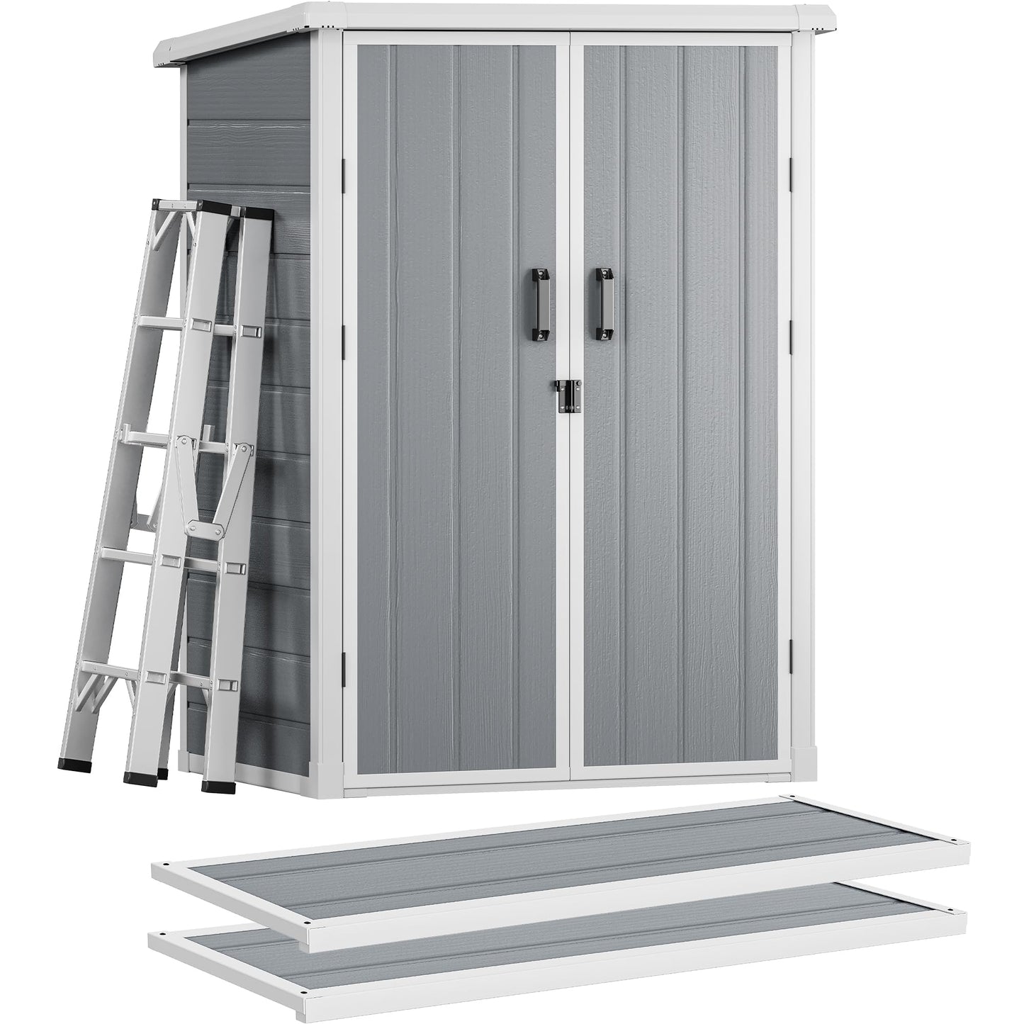 DWVO 5X3FT Outdoor Vertical Storage Shed with 2 Shelves, 60 Cu Ft Waterproof Resin Garden Shed with Floor & Lockable Door, Plastic Tall Tool Cabinet for Garbage Can, Lawn Garden Supplies, Gray