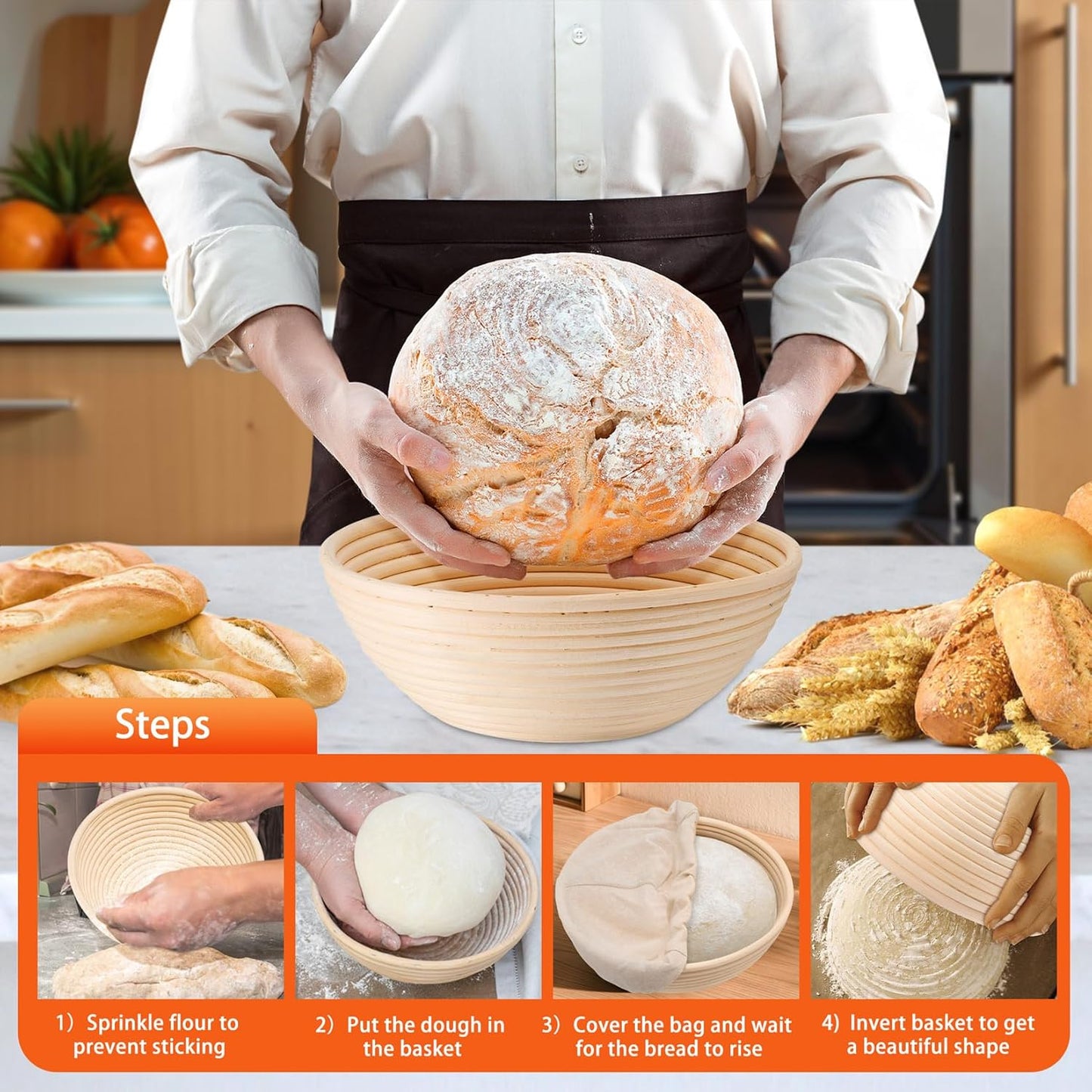 P&P CHEF 9-Inch Bread Proofing Baskets - Set of 2 Handmade Rattan Dough Making Baskets | Ideal for Sourdough Baking