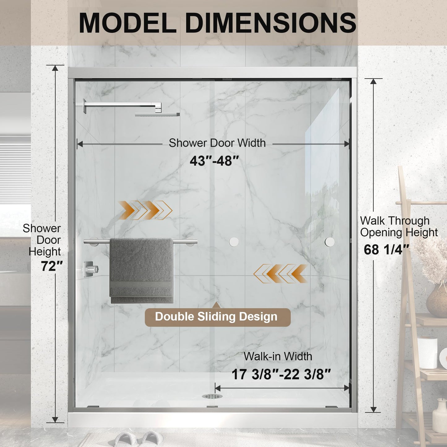 Double Sliding Shower Door 43-48" W x 72" H,Semi-Frameless Glass Shower Door with Nano Explosion-Proof Safety Film, 1/4"(6mm) Tempered Glass,Easy-Clean Bypass Walk-in Shower Door,Brushed Nickel