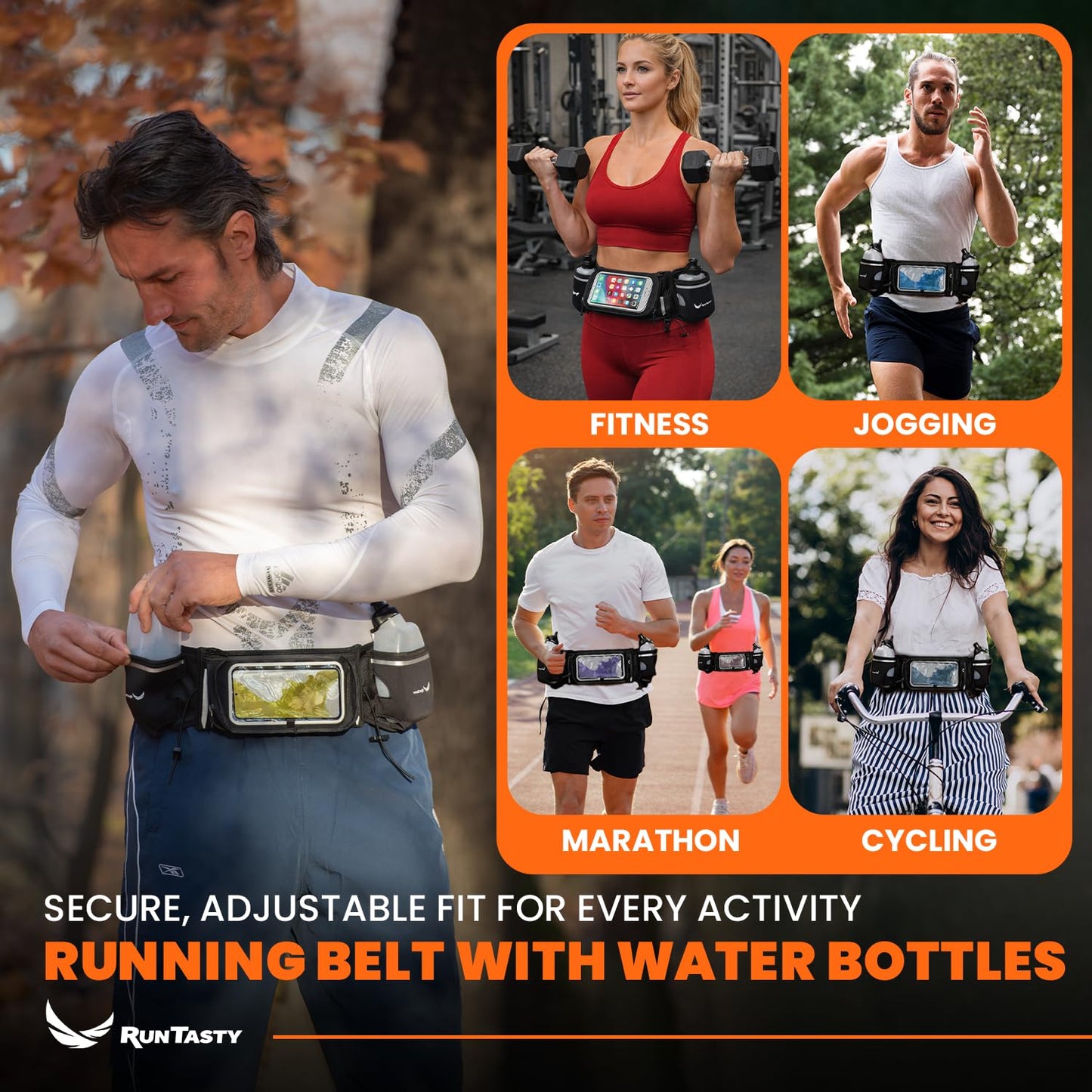 Runtasty Premium Hydration Running Belt with 2 BPA-Free 10oz Water Bottles – For Men & Women, Bounce-Free Fit, Water-Resistant Zippered Storage & Clear Tilt-Up Phone Pocket, Jogging & Marathon Ready