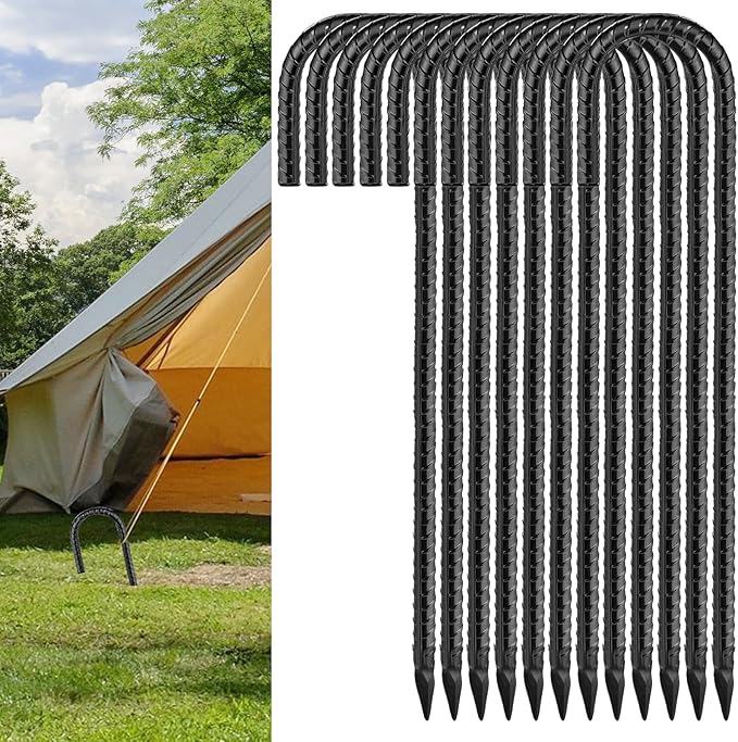 Black Rebar Stakes 16inx10mm Galvanized J Hook 12pcs – Heavy Duty Ground Tent Stakes for Fence,Bounce House,Outdoor Plants,Artificial Turf,Dog Coop,Metal Stakes for Christmas Decorations