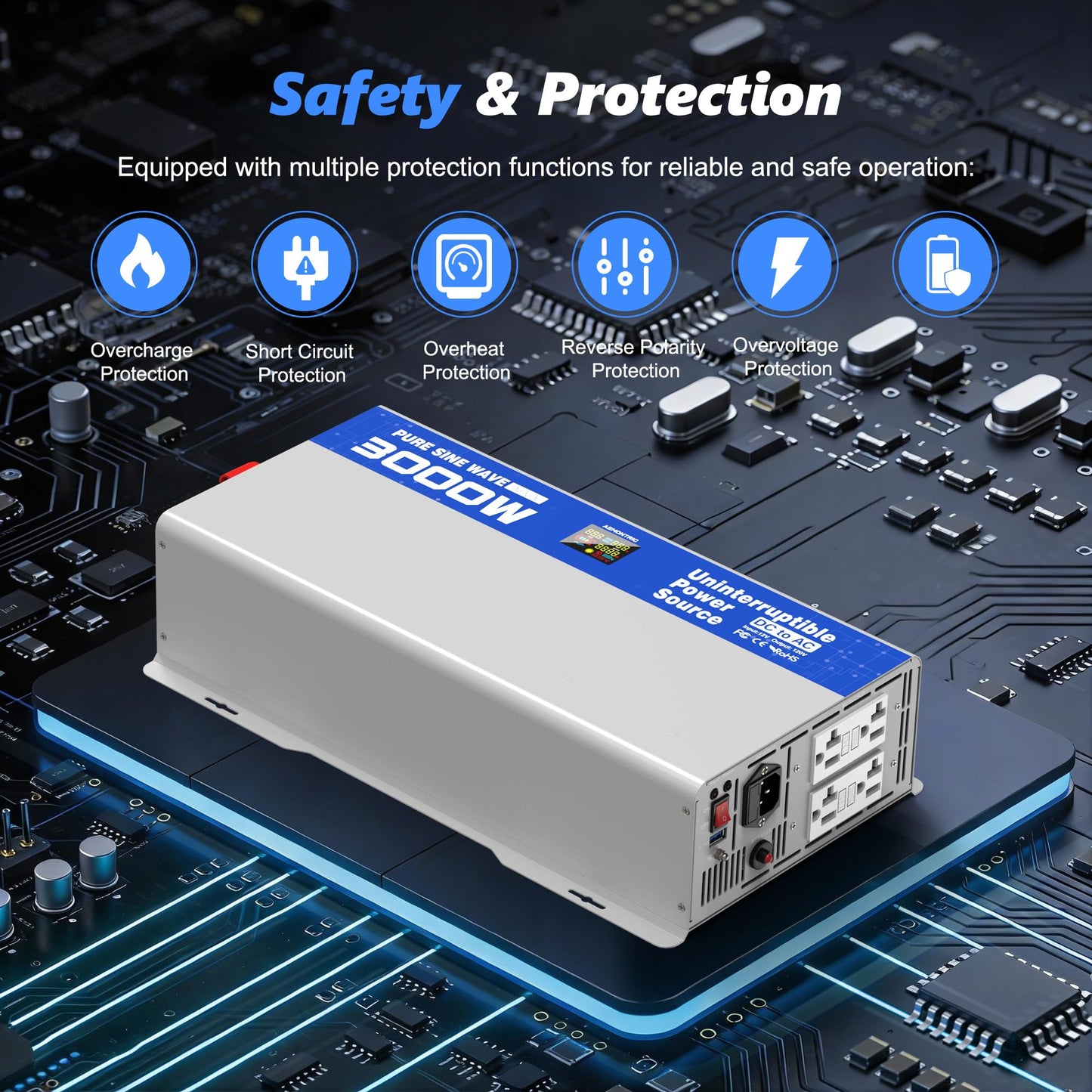 ASMONTRIC 3000W Sump Pump Battery Backup System, Back Up System Pure Sine Wave Power Inverter for Emergency and Power Outage with LCD Display Auto Switching for Grid and Battery