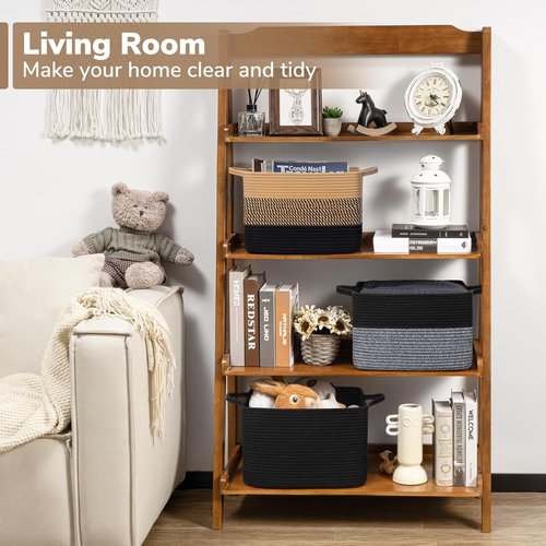 Goodpick Woven Storage Baskets - Stylish Cotton Rope Organizer for Living Room & Bedroom | 13"x10"x9" Black & Jute Dog Toy Basket with Handles