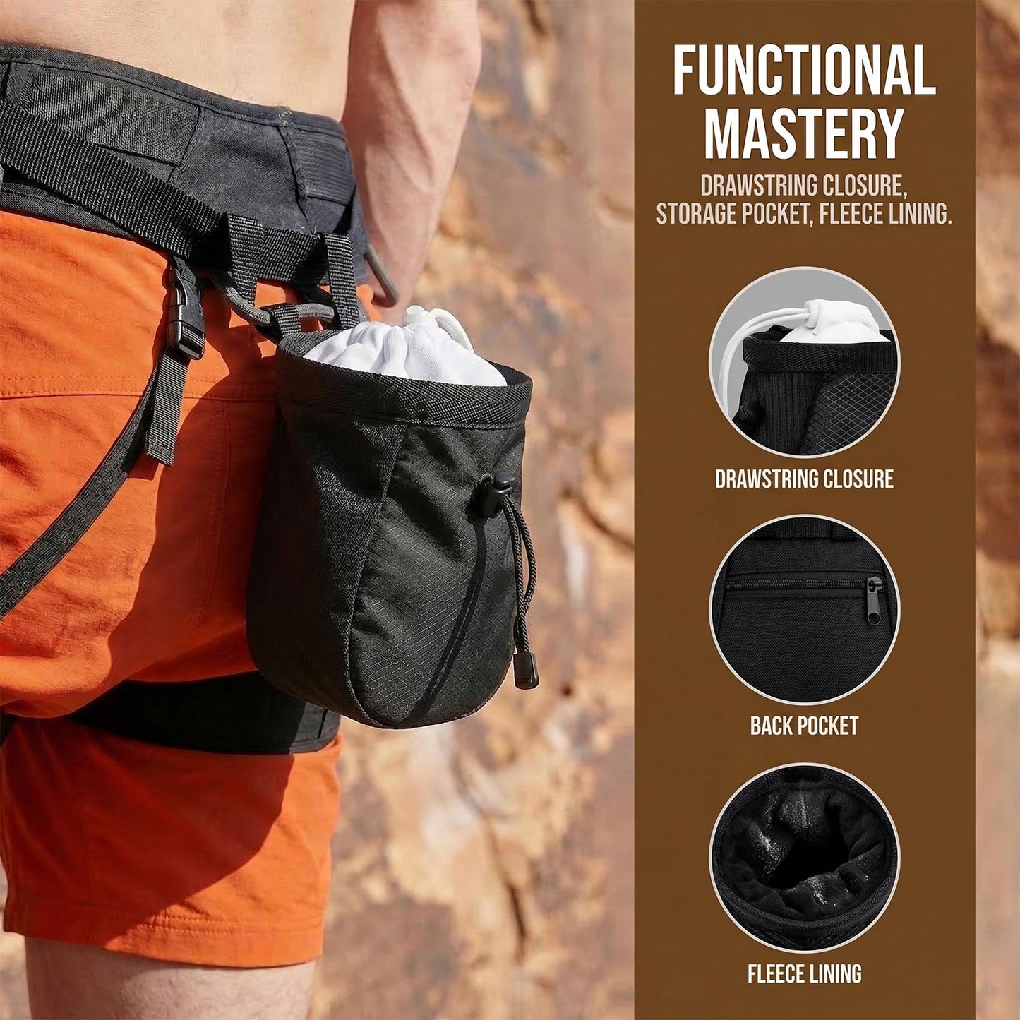 YERGOFE Climbing Chalk Bag for Rock Climbing - with Chalk Ball - Adjustable Black Chalk Bag Bouldering for Rock Climbing Equipment