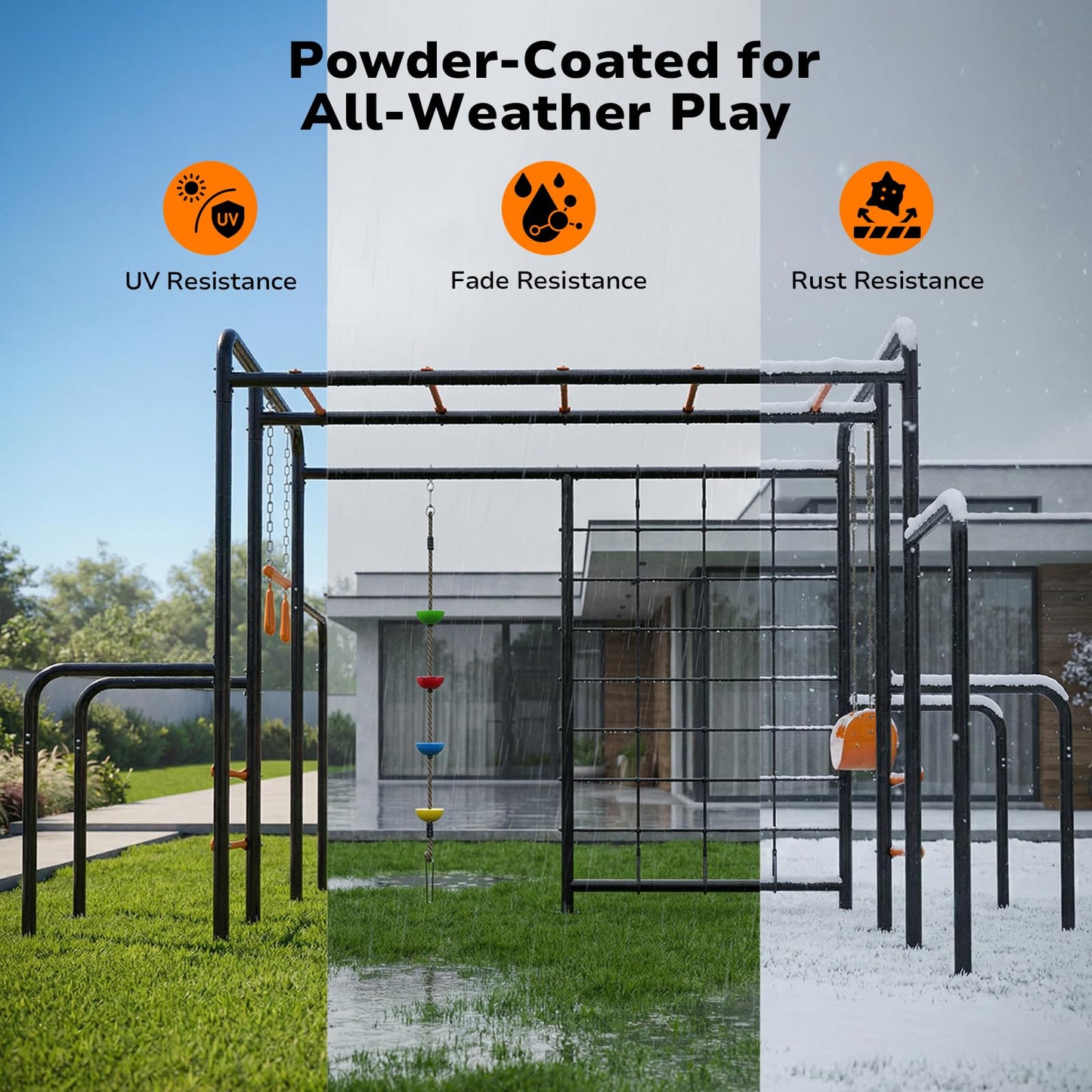 Hapfan Outdoor Jungle Gym with Monkey Bars Frame, 5-in-1 550lbs Heavy-Duty Metal Swing Sets for Backyard with Climbing Net & Rope, Trapeze Swing Bar, Belt Swing, Gymnastics Bars, Kids Playground Set