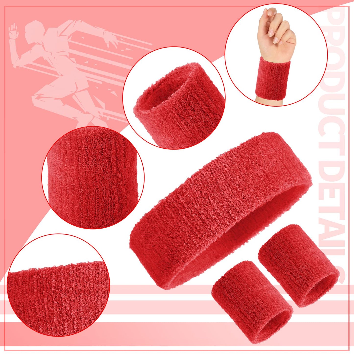 Civaner 12 Pcs 80 90s Neon Sweatbands Soccer Baseball Headbands Wristband Set for Men Women Party Cotton Headbands Terry Cloth Athletic Sweat Bands for Tennis Football Gym Outdoor(Red)