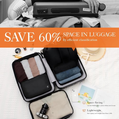 HOTOR Packing Cubes - 6 Premium Travel Organizer Bags for Suitcases | Space-Saving Black Set