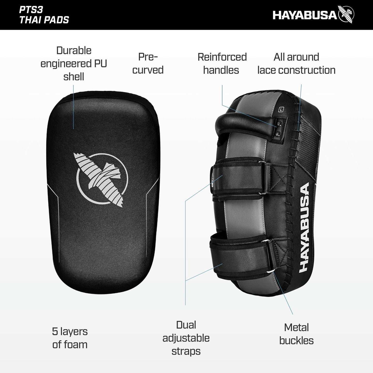 Hayabusa PTS3 Muay Thai Pads, Curved Kicking Pads with 5‑Layer Foam, Reinforced Handles & Dual Straps, Easy‑Clean Non‑Absorbent Shell