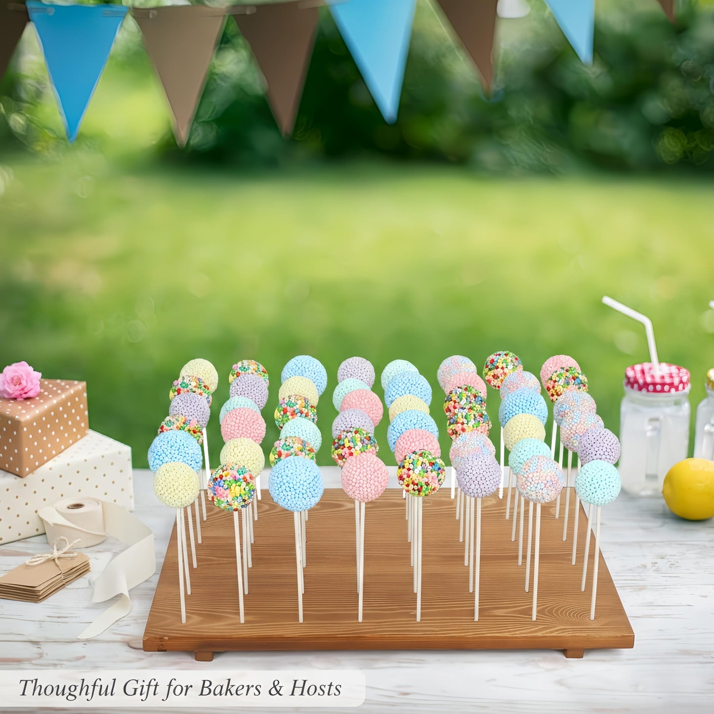 Relaxing Garden 48 Hole Cake Pop Stand, Wooden Cake Pop Display Board with 100 Sticks, 100 Treat Bags & 100 Twist Ties, Dessert Table Holder for Birthday, Baby Shower, Wedding & Parties