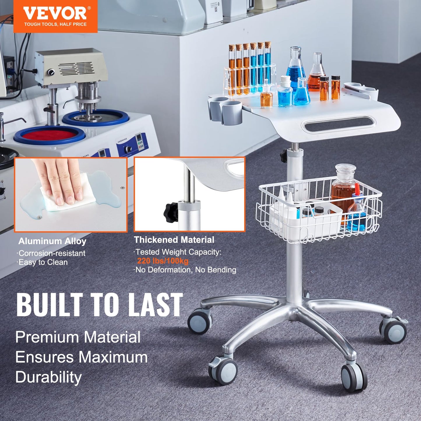 VEVOR Medical Trolley with Wheels - Height Adjustable Gas Lift, Large Tabletop 19"×17", Stainless Steel Rolling Laptop Cart with Storage Basket,Mobile Metal Scanner Cart for Ultrasound/Dental/EKG/Lab