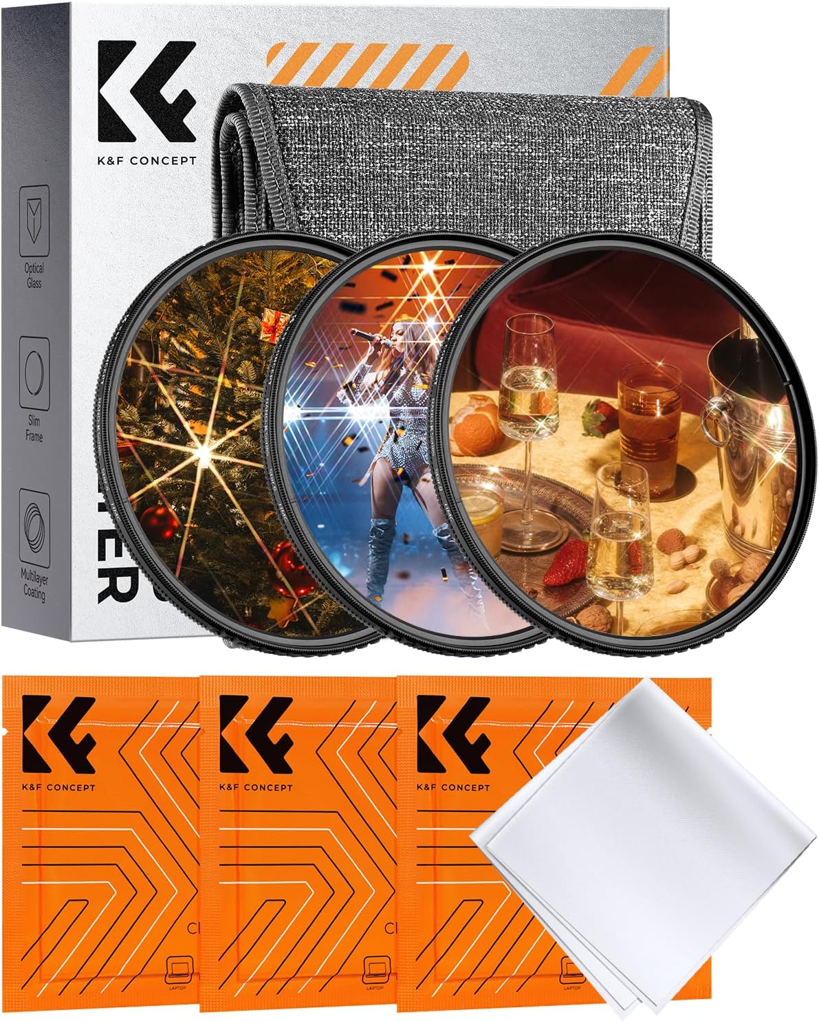 K&F CONCEPT 62mm (3pcs) 4 6 8 Set -18 3 Star Filters Kit Points Points Points Cross Screen Starburst Filters Layer
