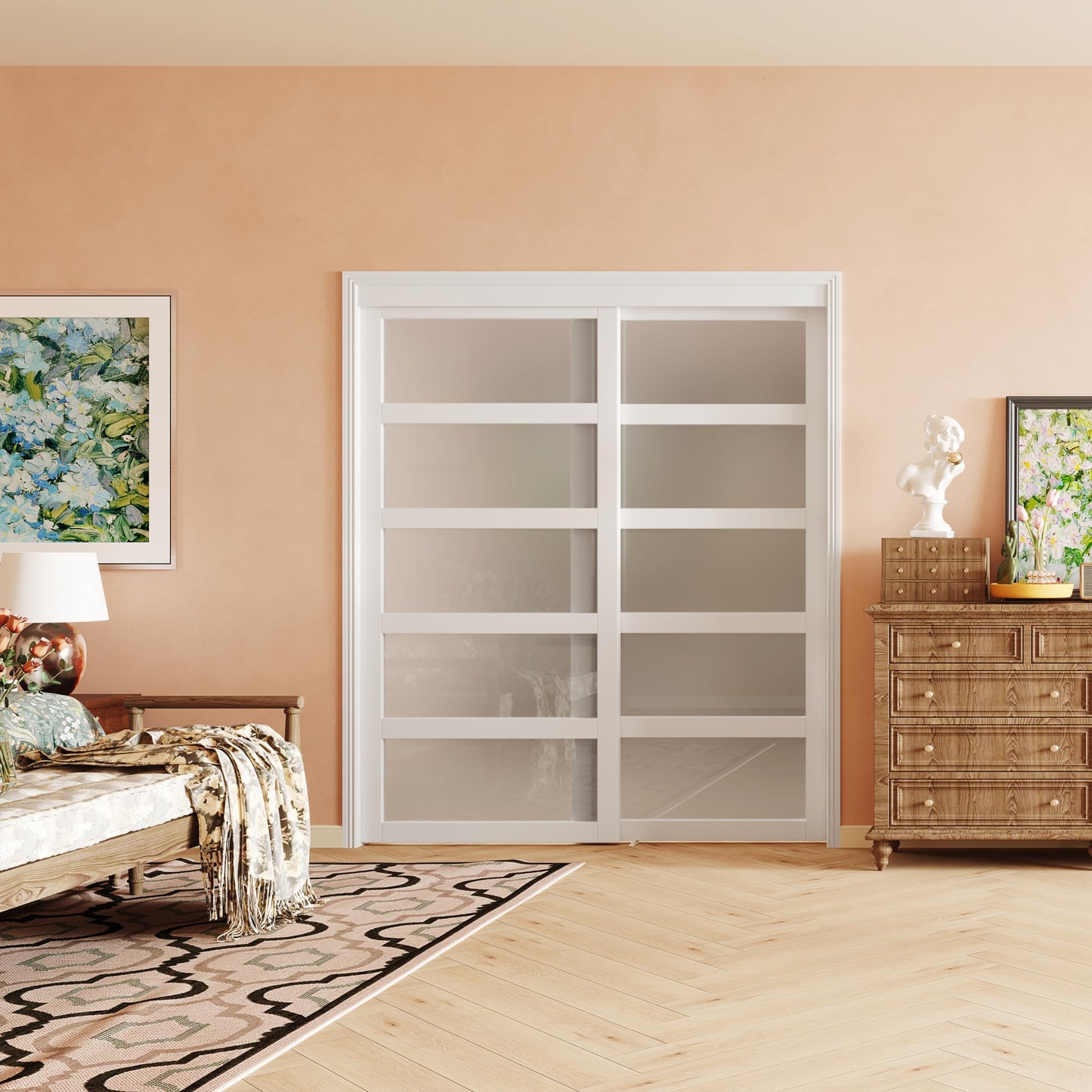 SOLRIG Sliding Closet Door, 72"(Double 36.96") x 80" Bypass Closet Doors, 5-Lite Frosted Glass Sliding Door with Hardware Track Kit & Floor Guide, Pre-Drilled Door Panel Assembly Required, MDF, White