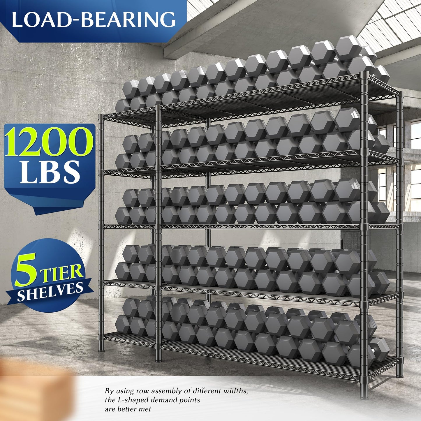 70.8"H Storage Shelves, 5-Tier Metal Shelving 1200 High-Load Heavy Duty Wire Shelving, Adjustable Metal Shelves-L Shaped Wire Shelving Units for Kitchen Garage Pantry Basement, 52.36"W x13.78"Dx70.8"H
