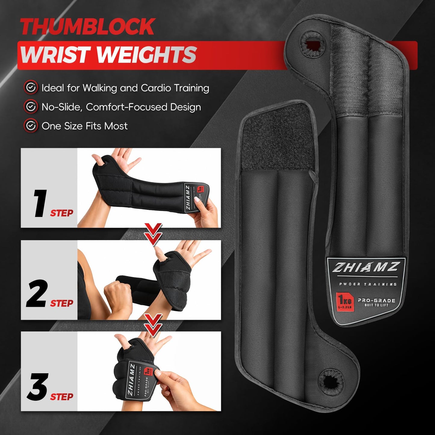 ZHIAMZ Wrist Weights with Thumb Loops Lock for Men Women, Ankle Weights Weighted Gloves for Running Strength Training Walking Exercises(Available in 2.2lb*2 or 4.4lb*2) (Black, 2.2lbs x 2)