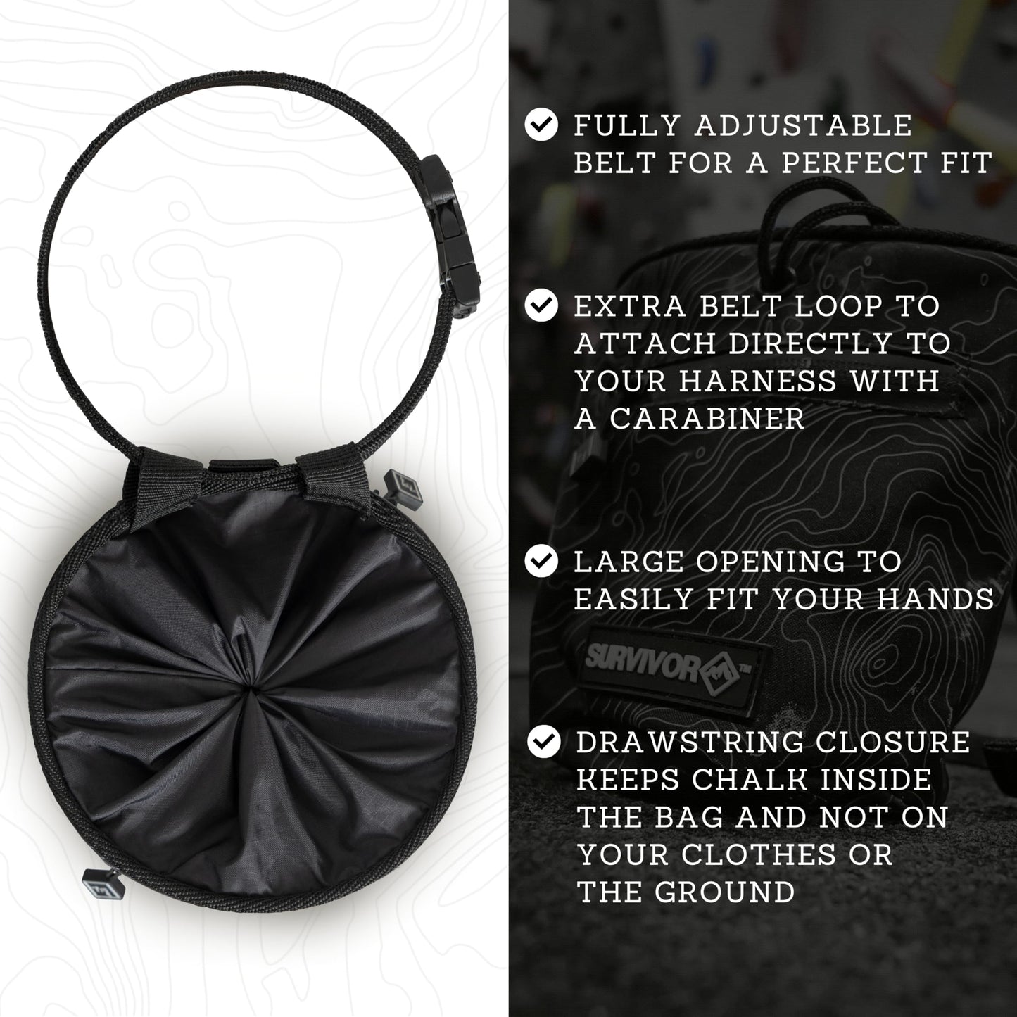 Chalk Bag + Refillable Chalk Ball - Iconic Topographical Map, Draw String Closure, 2 Zippered Pockets, & Brush Holder - Climbing Chalk Bag for Rock Climbing, Bouldering, Weightlifting, Gymnastics