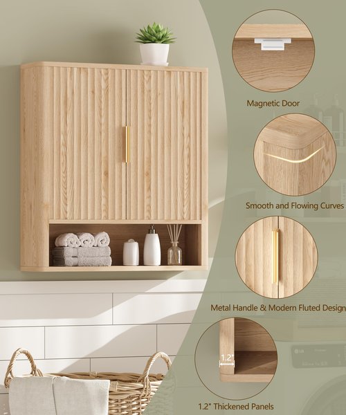 Keehusux 27.6" H Bathroom Wall Storage Cabinet with 2 Fluted Doors, Modern Wall Mounted Bathroom Cabinet with Adjustable Shelf, Curved Profile Medicine Cabinet for Kitchen, Living Room, Natural Oak