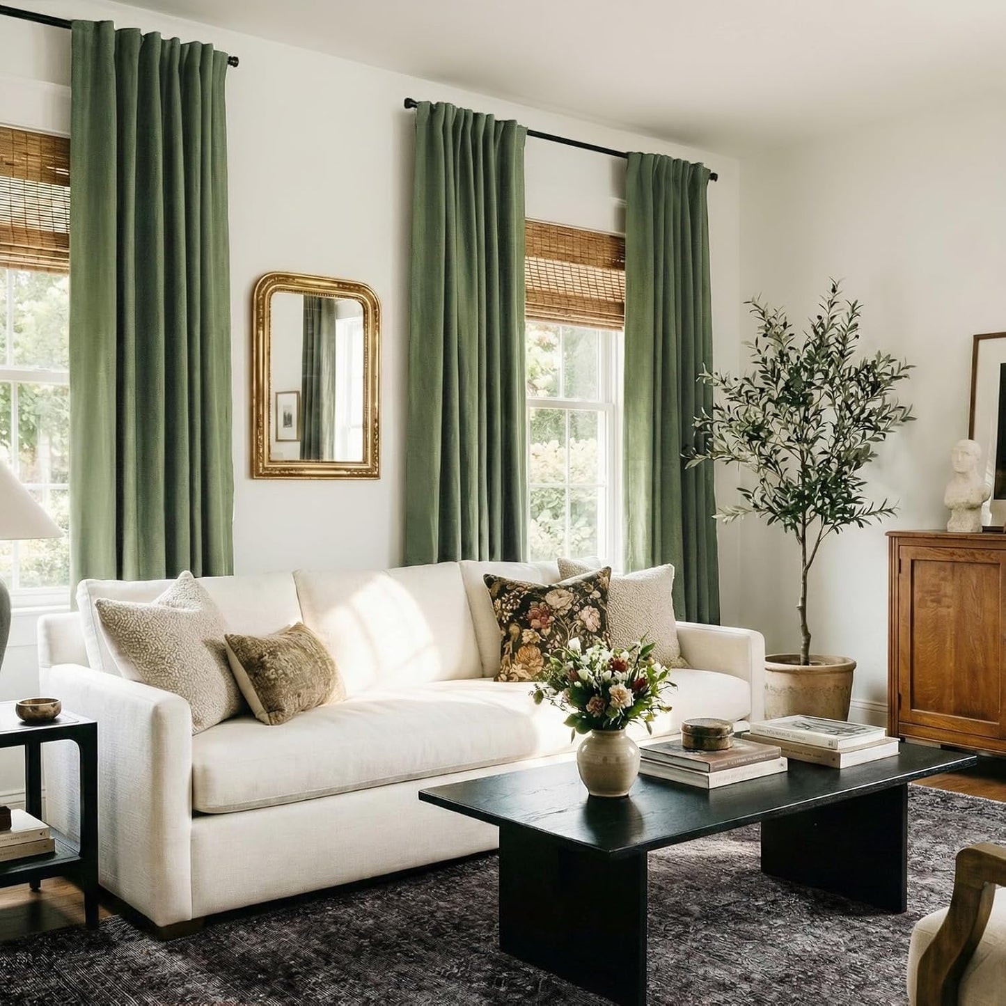 Skiennix 100% Blackout Olive Green Linen Curtains - Thermal Insulated Drapes, 2 Panels Set, 50" W x 96" L