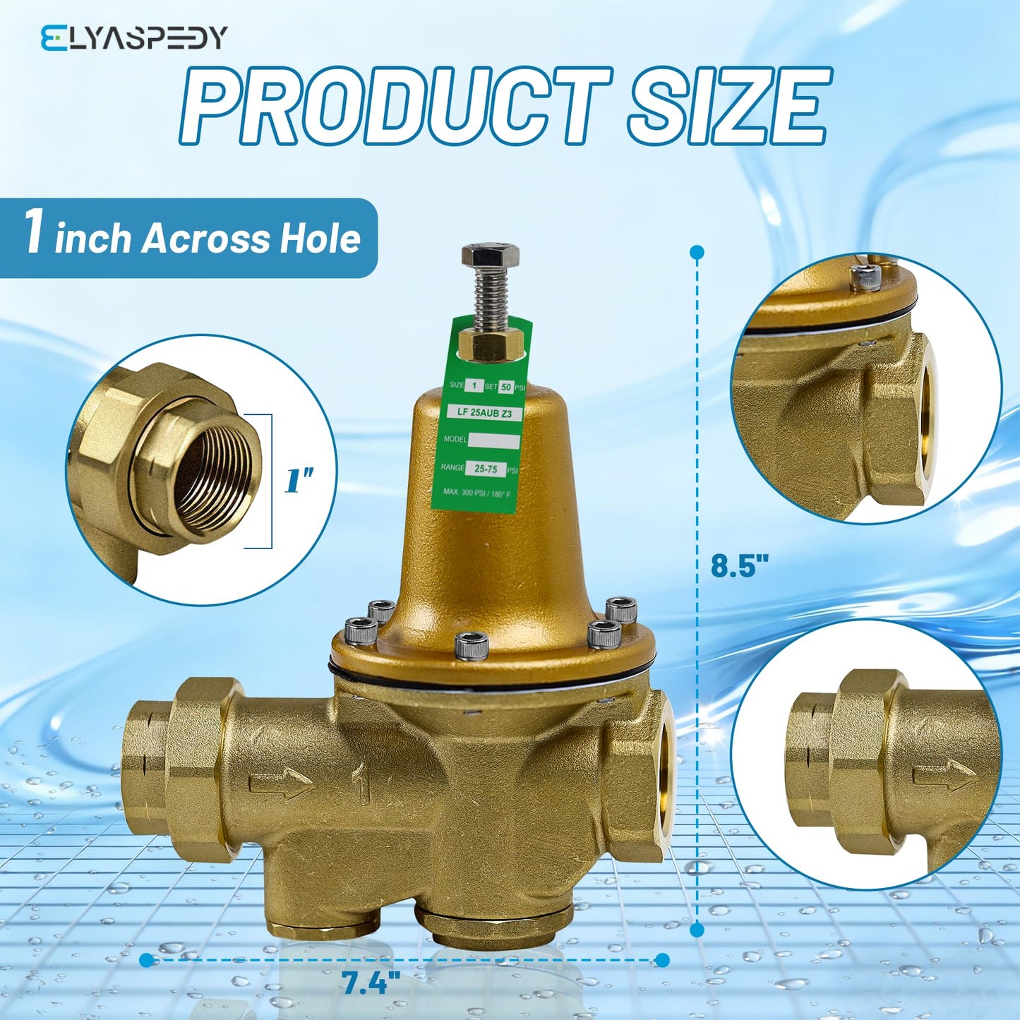 Upgraded LF25AUB-Z3 1" Water Pressure Reducing Valve, NPT Female Union x NPT Female Outlet, Adjustable 25-75 PSI, Maximum 300 psi, Polymer Seat