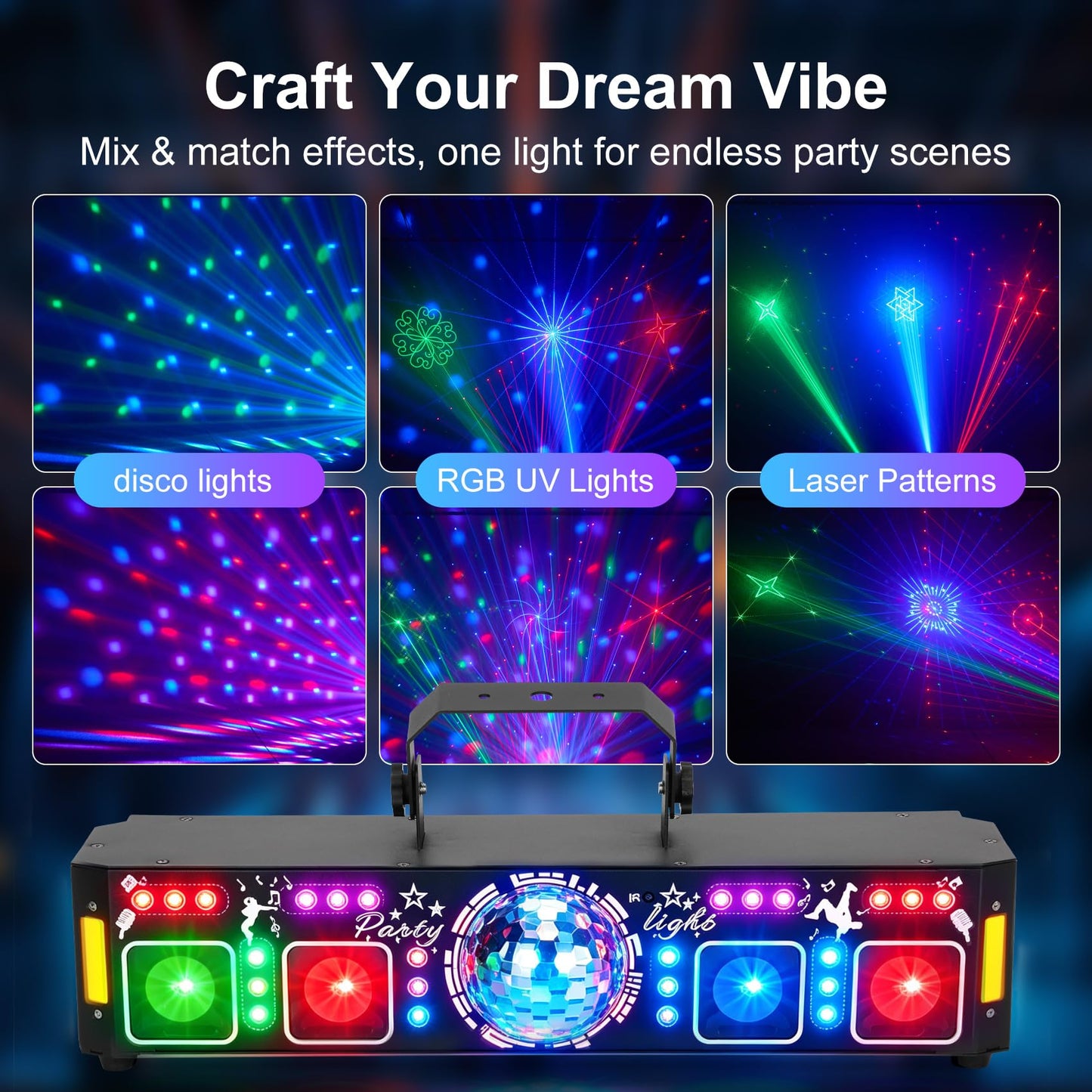 6-in-1 DJ Party Lights, DMX512 & Music Sync Stage Light, Multi-Effect Disco Ball Light with RGB Pattern, UV Black Light & Golden Strobe, Indoor LED Lighting for KTV, Bar, Club and Daily Gathering
