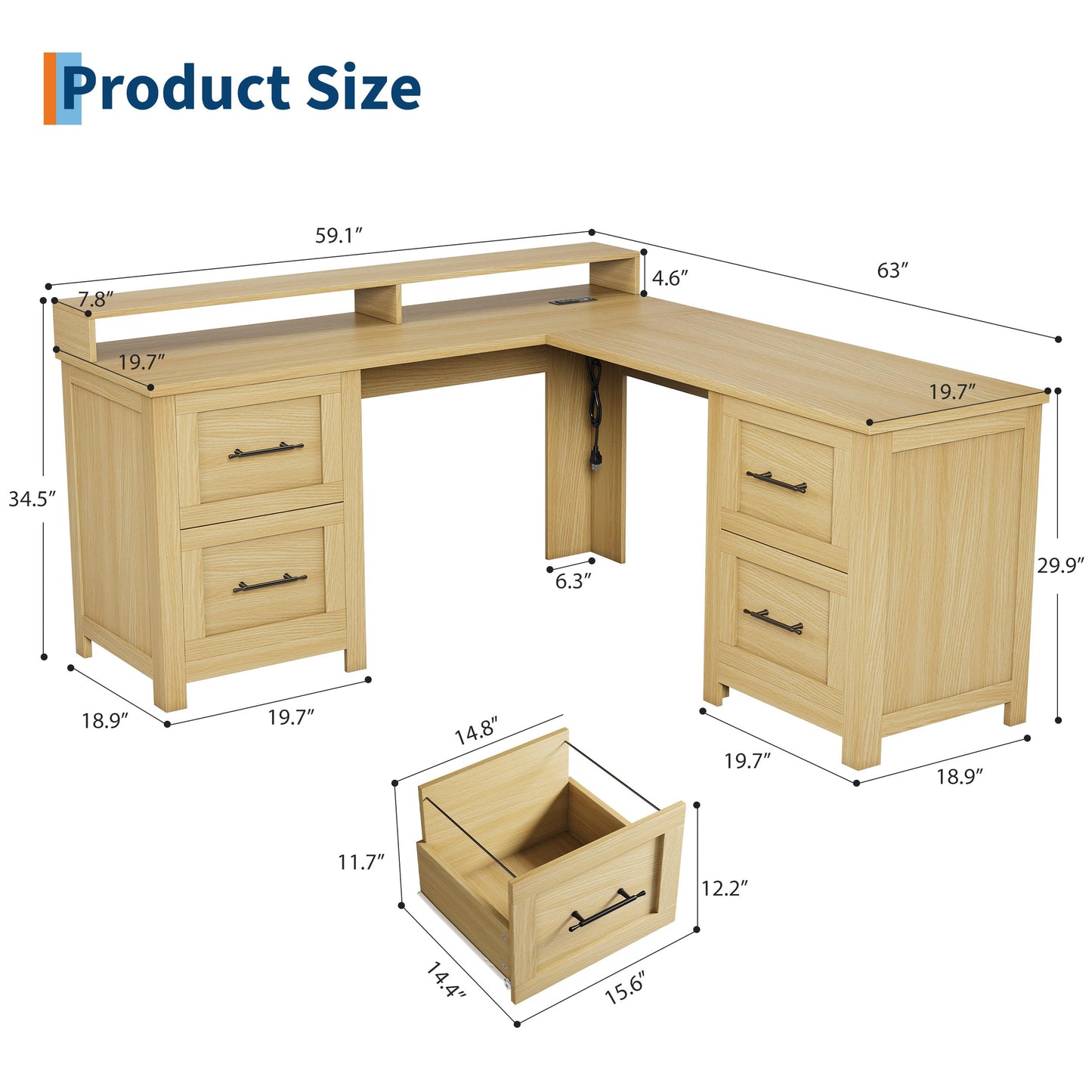Garvee 63" Executive l Shaped Desk with 4 File Drawers & Power Outlet, Large Corner Computer Desk with Monitor Stand and Power Outlets, Home Office Desks with Storage Drawers