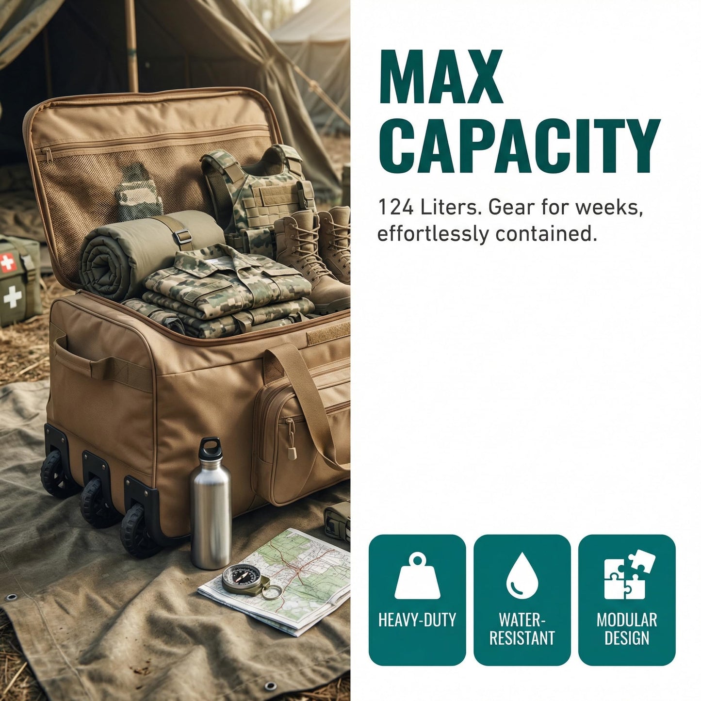 Military Wheeled Deployment Bag Large Tactical Heavy Duty Duffel Bag for Camping Hiking (Tan)