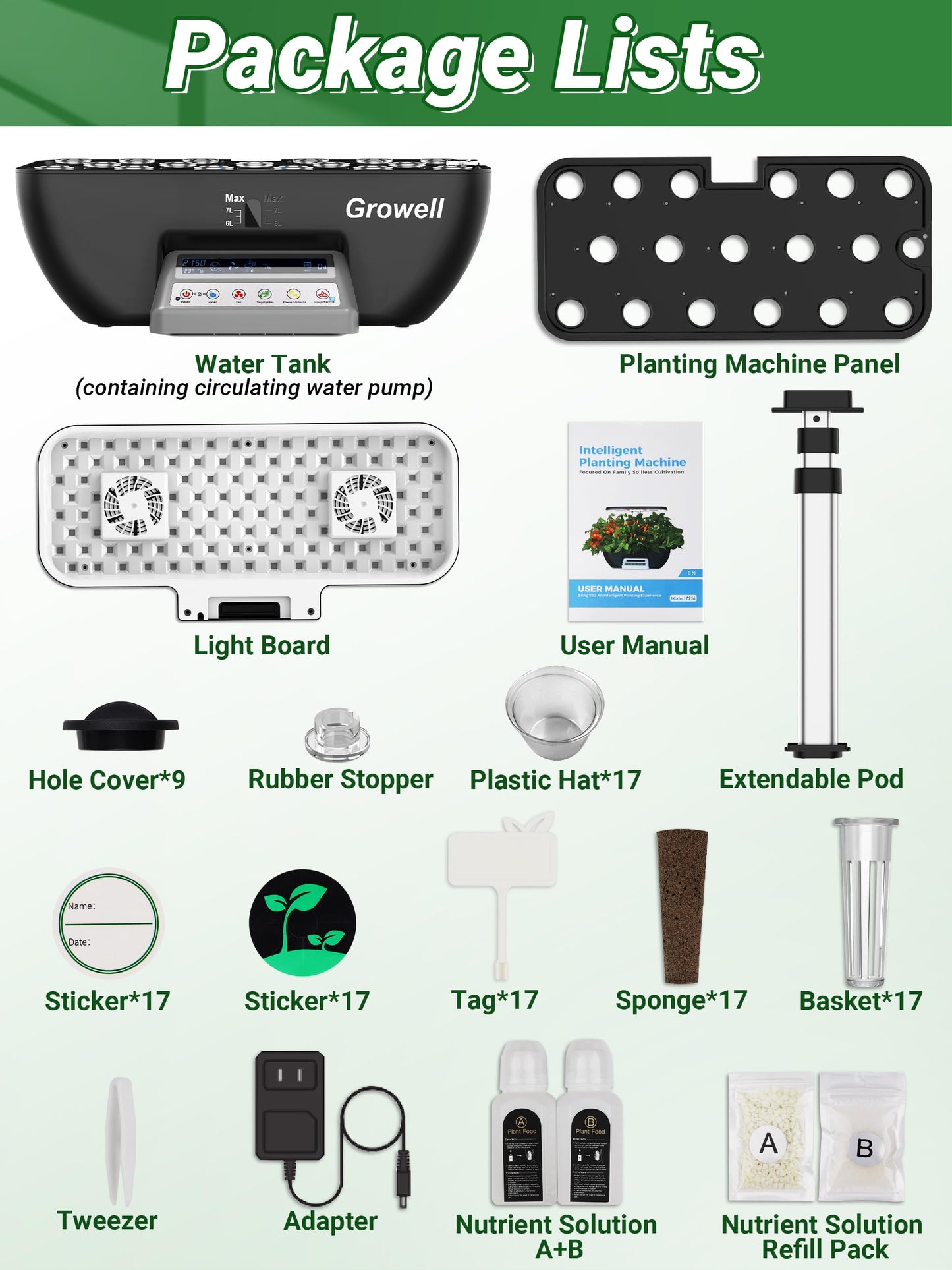 Growell Hydroponics Growing System Kit, 17 Pods Herb Garden with 102 28W Full-Spectrum Grow Lights & 2 Fans, Indoor Garden with Water Pump, 10L Water Tank, Auto Timer, Height Adjustable (Black & Grey)