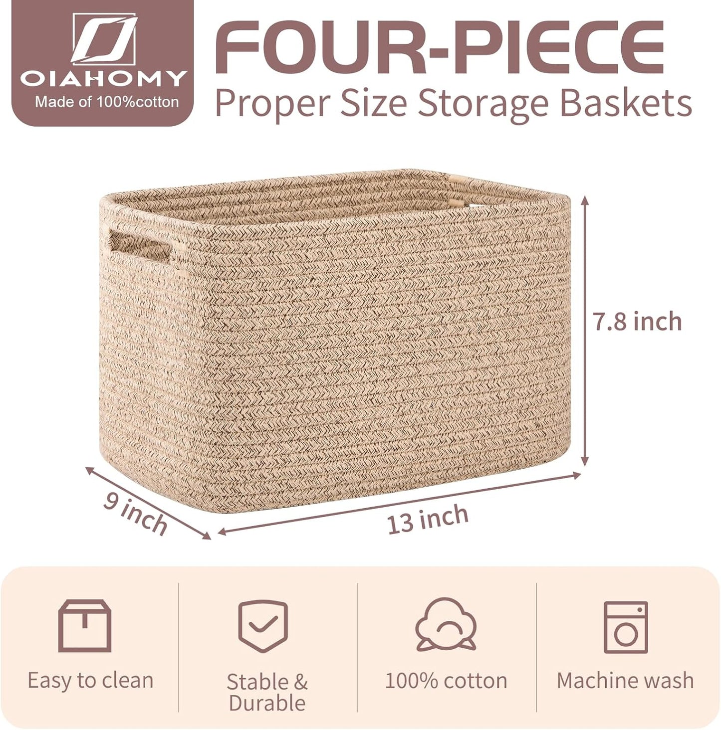 OIAHOMY Storage Baskets - 4 Pack Woven Cube Organizers with Handles | 12.7''L x 9''W x 7.8''H, Brown