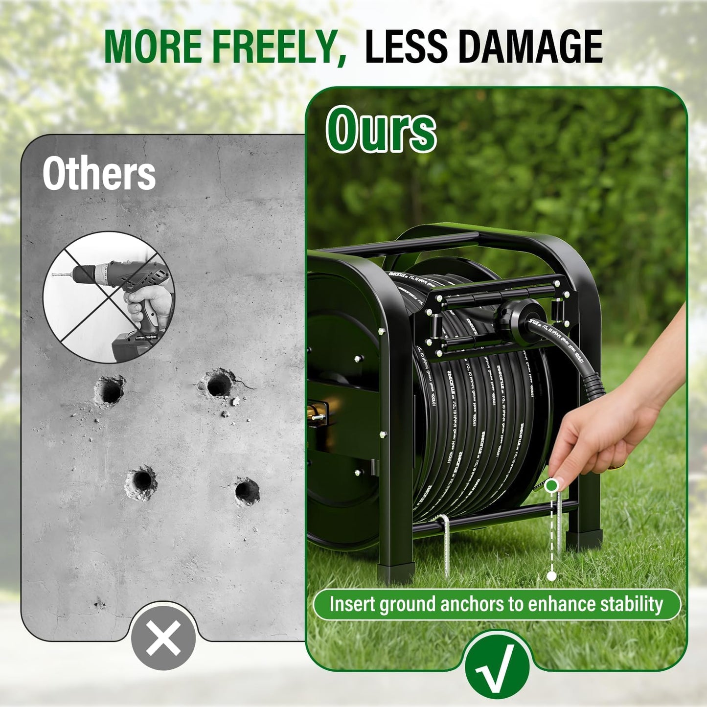 SPECILITE Retractable Hose Reel with 1/2'' x 100FT Garden Water Pipe, 1200 PSI, UV Resistant Heavy Duty Industrial Metal Freestanding Spool, 6' Lead-in, Sprayer Nozzle for Garage, Yard, and Workshop
