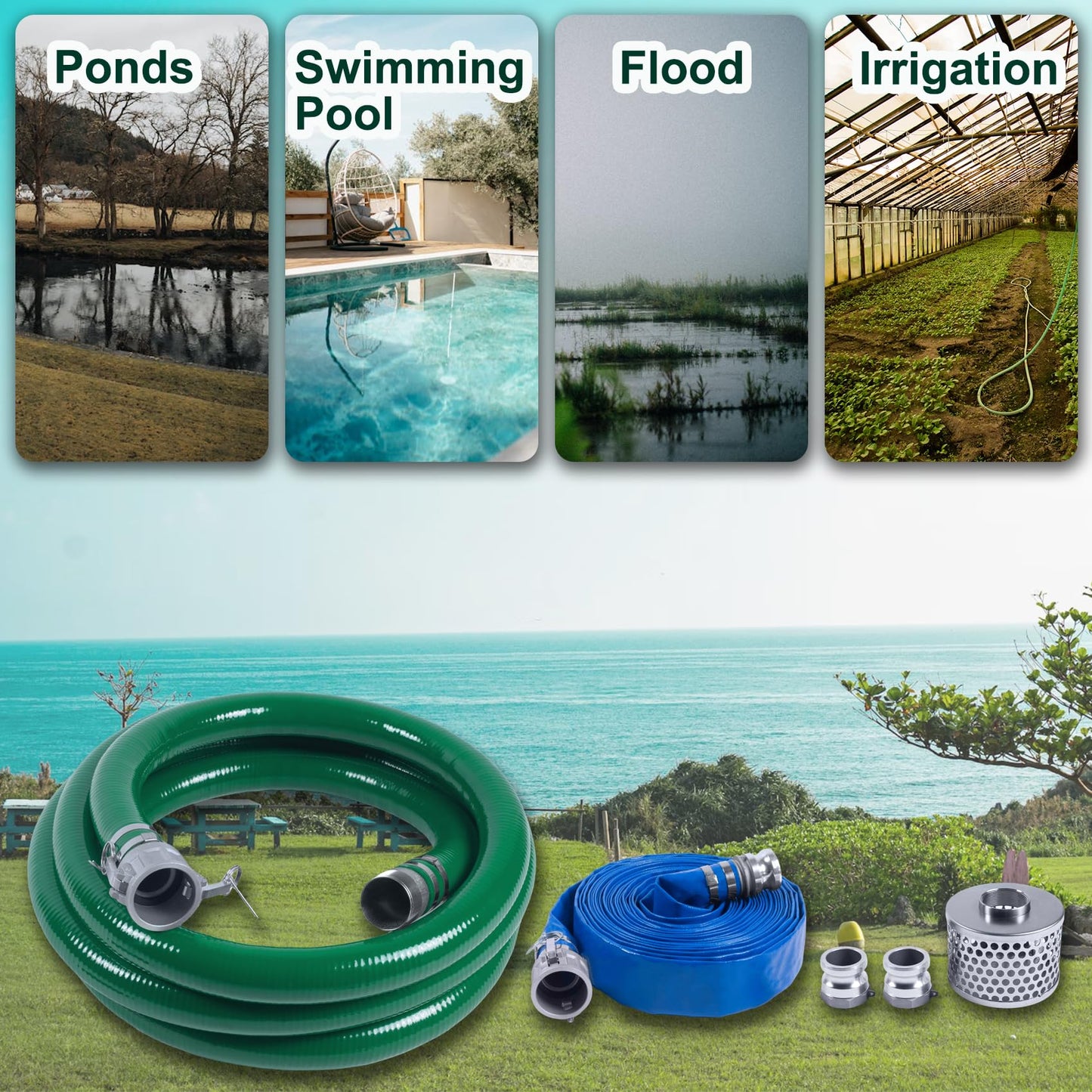 3 Inch Discharge Hose Pump Kit Includes 3" x 65' Blue PVC Lay-Flat Backwash Hose & 3" x 20' Green PVC Suction Hose & Steel Round Hole Suction Strainer & Cam and Groove Adapter, water/trash pump