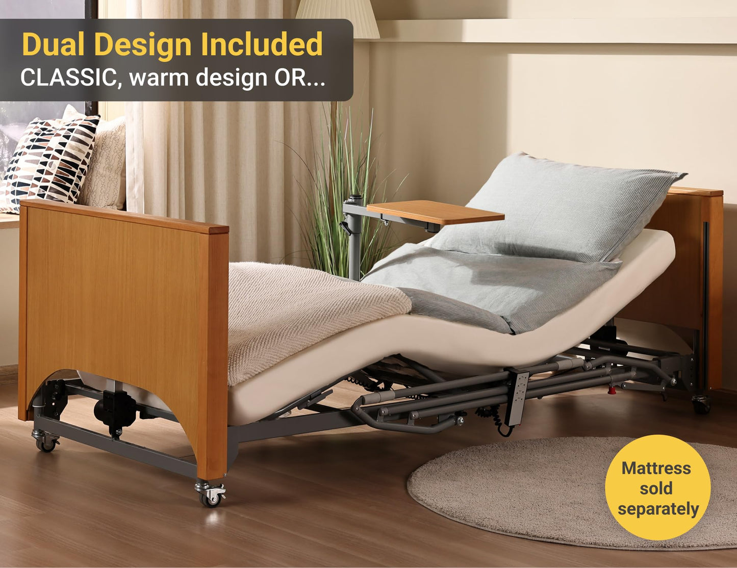 ARMONYO Electric Hospital Bed for Home Use – 5 Functions, Advanced German LIMOSS Motor, Ultra-Low 8.5"–25" Adjustable Height, Double Solid Wood Panels with Medical Overbed Table & Foldable Rails