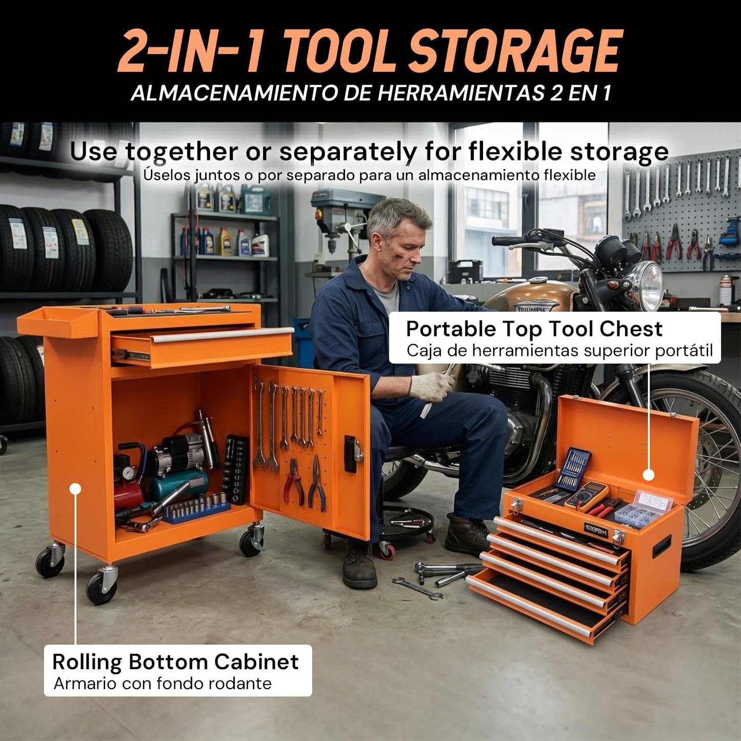SEKAM 5-Drawer Rolling Tool Chest with Wheels, Tool Cabinet Combo with Top Chest, Bottom Drawer, Locking Door, Side Tray, Pegboard, Hooks for Garage Workshop