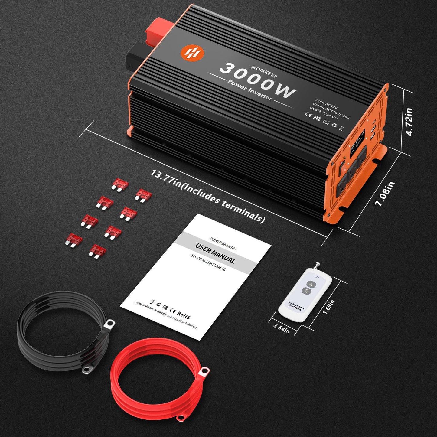 3000 Watt Power Inverter 12V DC to 110V/120V AC Converter Peak Power 6000W Car Inverter with LCD Display 3 AC Outlets, 2 USB & Type-C Port for RV,Truck,Off-Grid Solar System with Remote Controller