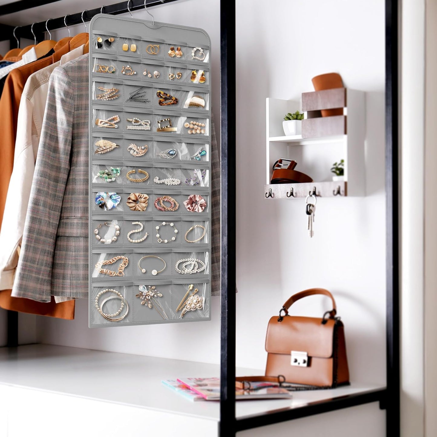 Simple Houseware Jewelry Organizer - 80-Pocket Hanging Storage for All Accessories | Gray