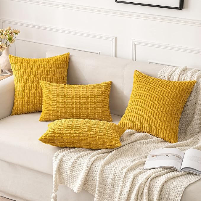 MIULEE Pack of 2 Corduroy Decorative Throw Pillow Covers 20x20 Inch Soft Boho Striped Pillow Covers Modern Farmhouse Home Decor for Summer Sofa Living Room Couch Bed Mustard Yellow