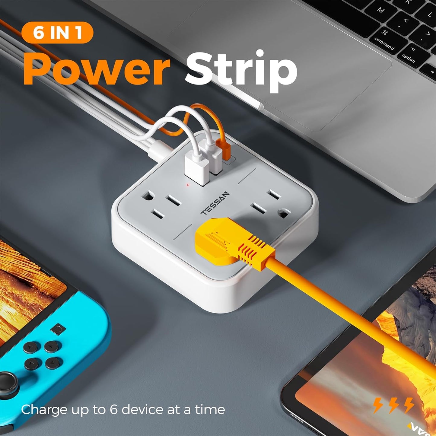 TESSAN 5 (1 3 Ultra Thin Flat Extension Cord FT, Slim Power Strip with USB Ports USB C), Surge Protector Flat Plug Wall