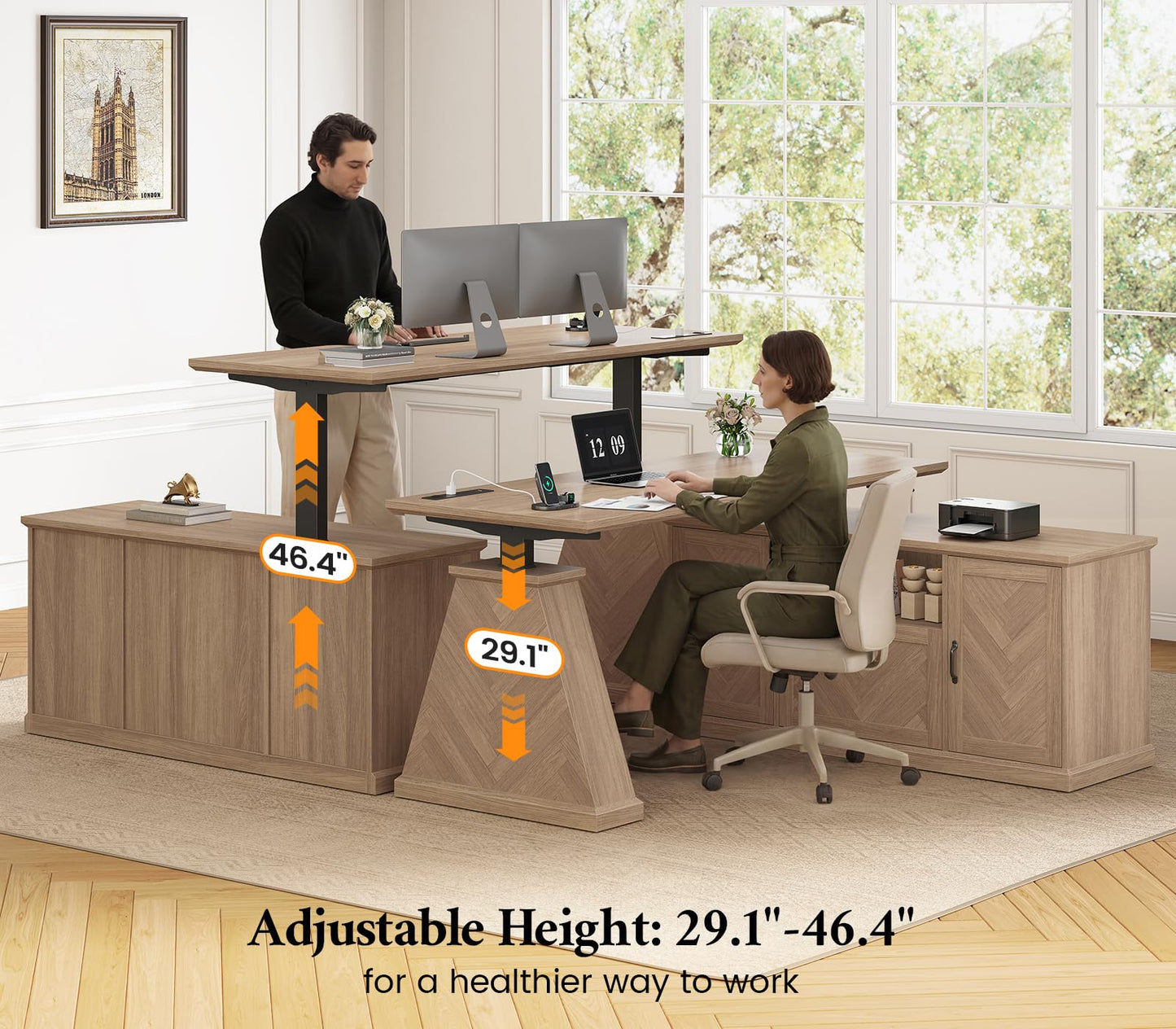 Farmhouse L Shaped Electric Standing Desk with Power Outlet & 2 Storage Cabinets, 55.1" x 47.2" Height Adjustable Office Executive Desk with File Drawer & Shelf, Large Business Computer Desks, Natural