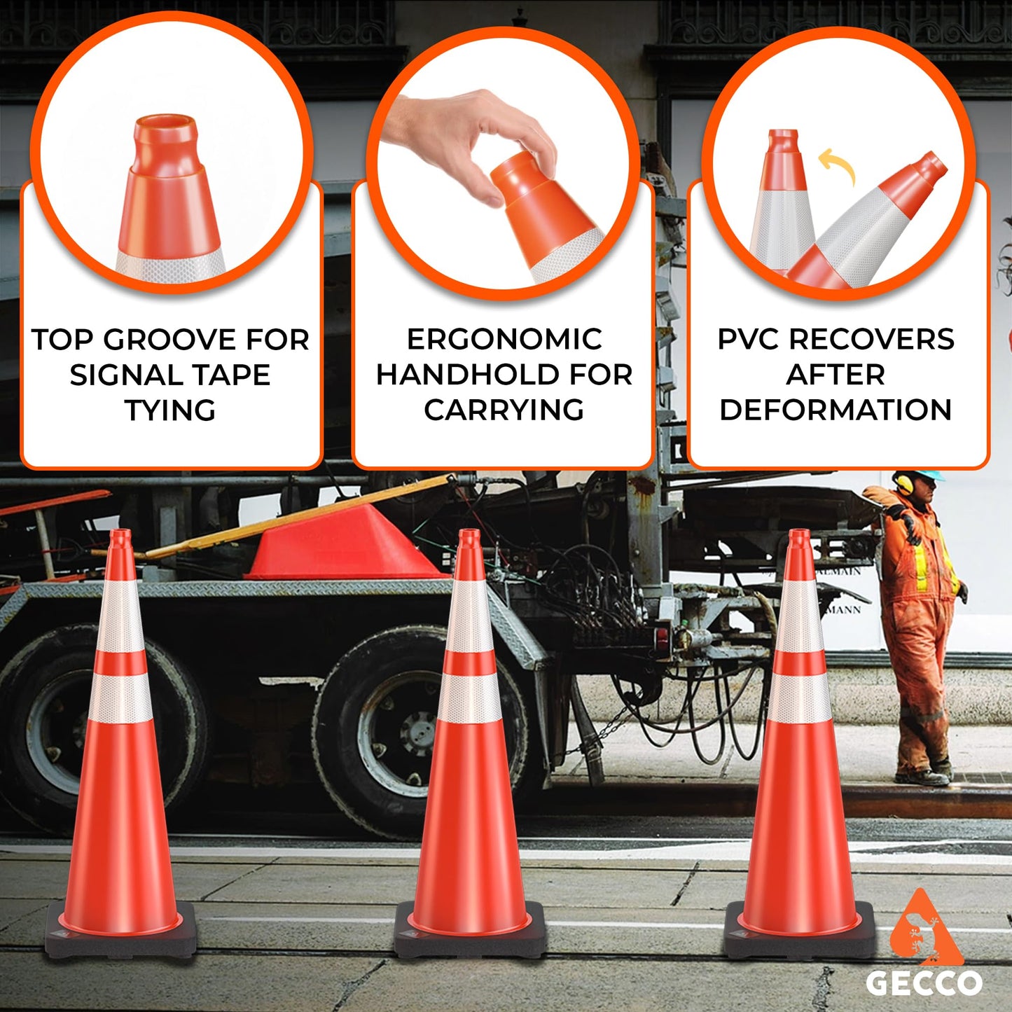 GECCO ™ (8 Pack) 36 Inch 10 Lb Heavy Tall Orange Traffic Cones Set | Large Safety Cones, Orange Cones, Parking Cones, Construction Cones, Road Cones | PVC Plastic & Black Base - [PRO Series]