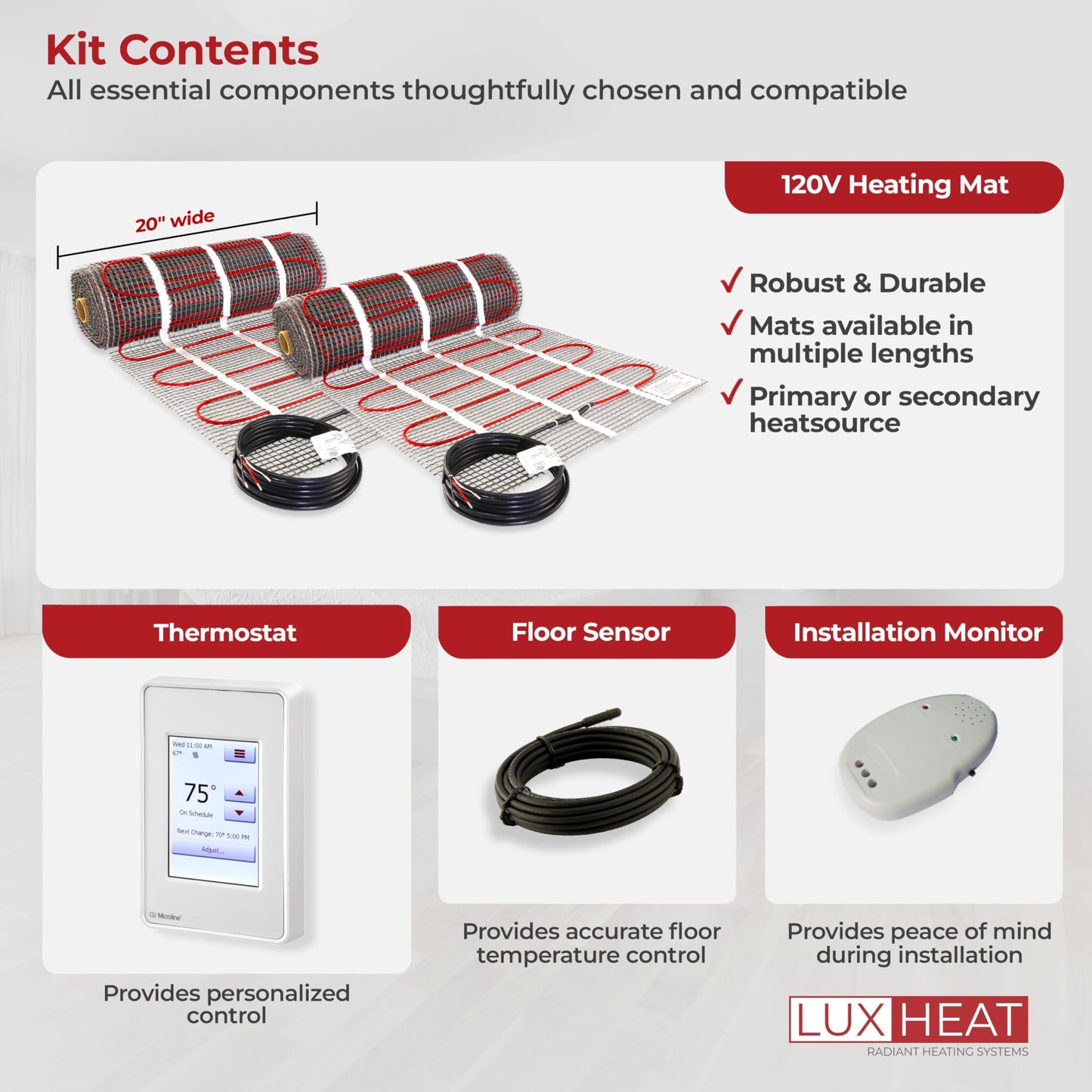 LuxHeat 150sqft Floor Heating Mat Kit – 120v Electric Radiant in Floor Heating Mat – Heated Flooring System for Tile & Laminate - Includes UDG4 Programmable Thermostat w/GFCI, Alarm & Sensor