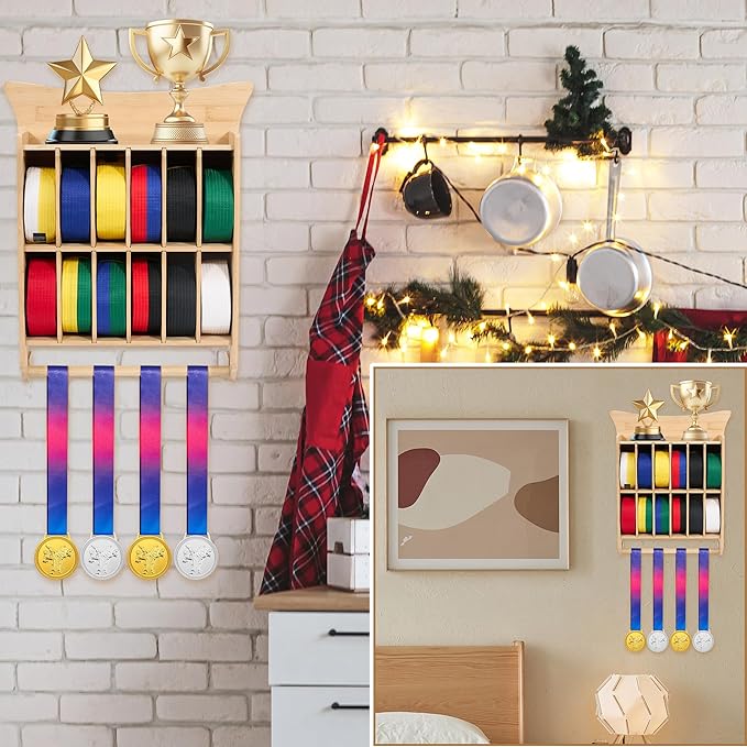 GENMOUS Karate 12 Belts Display Rack for Kids and Adults, Any Trophy and Medal Organizer, Wall Mounted Taekwondo or Martial Arts Belts Storage, Ideal Achievement Showcase for Home Dojo Decoration