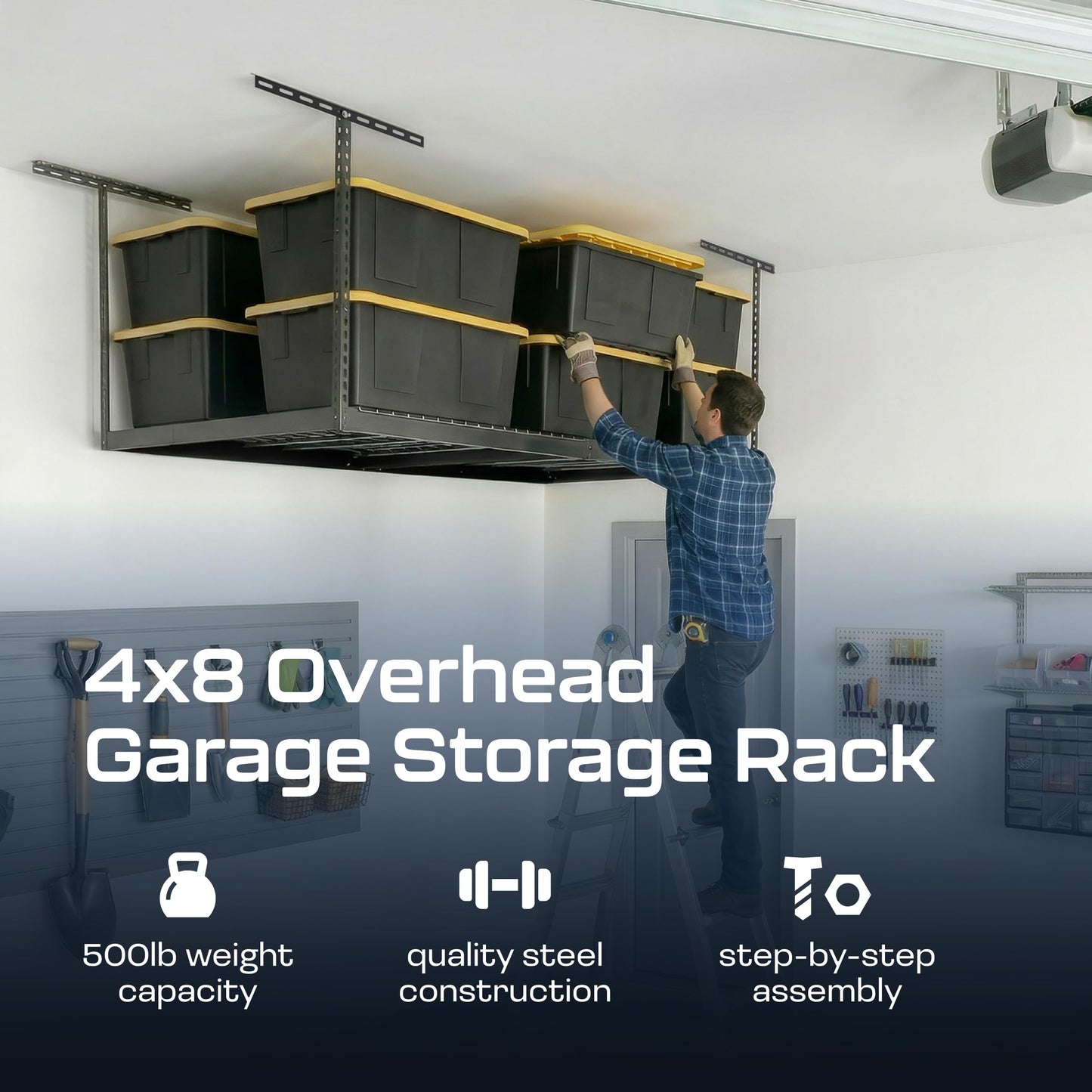 MonsterRax Overhead Garage Storage Rack - 4 x 8 Ceiling Racks for Garage, Organization Shelving, Hanging Shelf, Grey, 24"-45" Height Adjustment