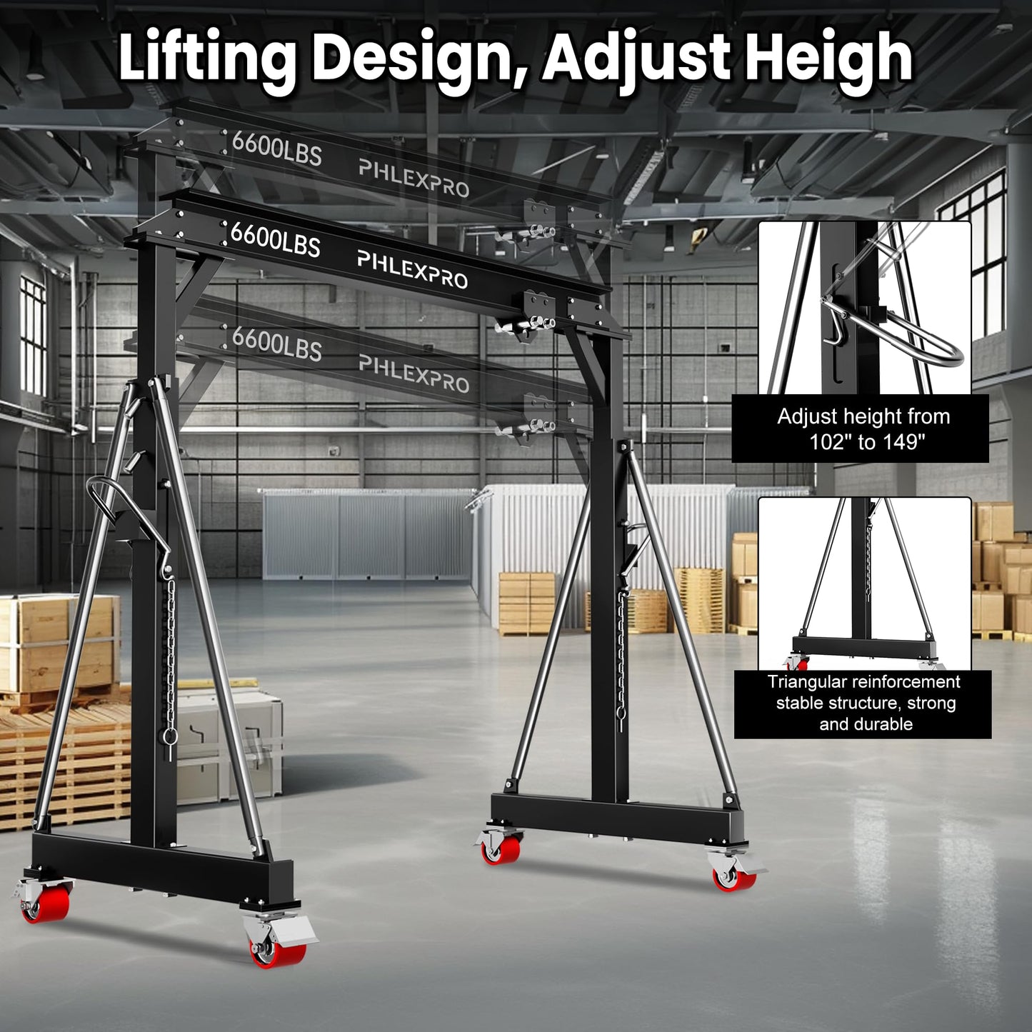 3 Ton Gantry Crane, 6600LBS Capacity, Adjustable Height 8.53 to 12.47ft with Triangle Base, Portable I-Beam Hoist for Factory, Warehouse, Auto Repair & Construction, Black