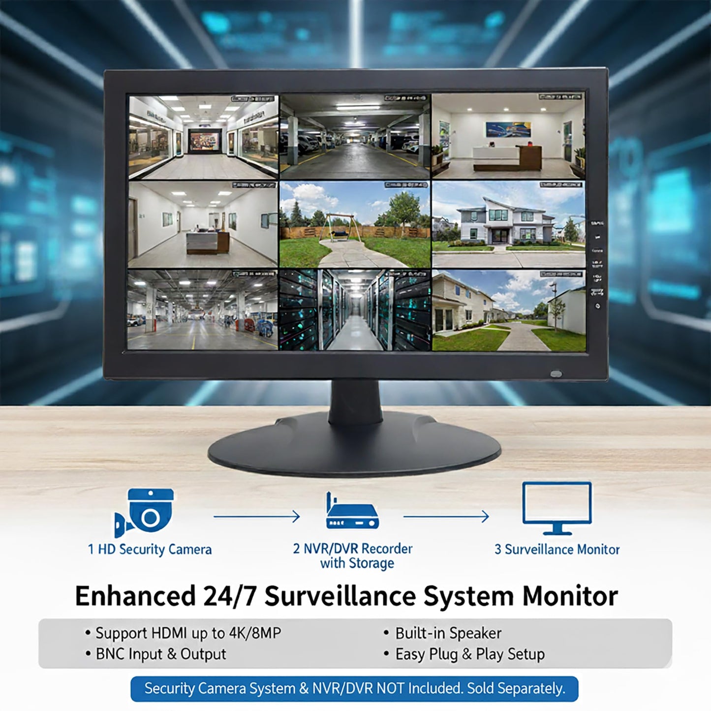 1stPV Precision 18.5" Scaled 4K Security LED Monitor, Super Sampling Anti-Aliasing (SSAA) for Ultra-Smooth, Pixel-Perfect Detail, HDMI Scaled 4K/8MP, BNC In/Out, VGA, Ideal for DVR 24/7 Surveillance