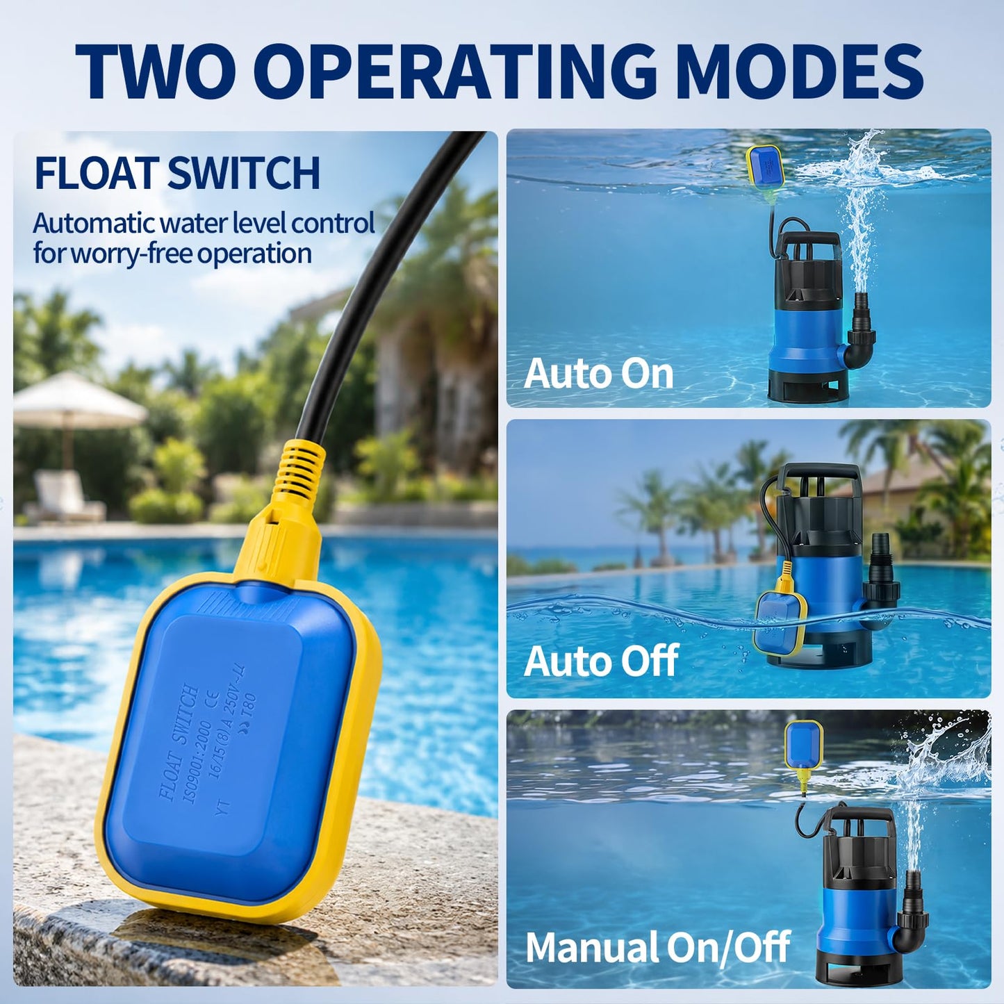 Poofata 1.1HP Submersible Sump Pump, 4600 GPH Electric Water Pump with Automatic Float Switch, Portable Utility Pump for Pool Draining, Basement, Outdoor Ponds, 16 FT Cord