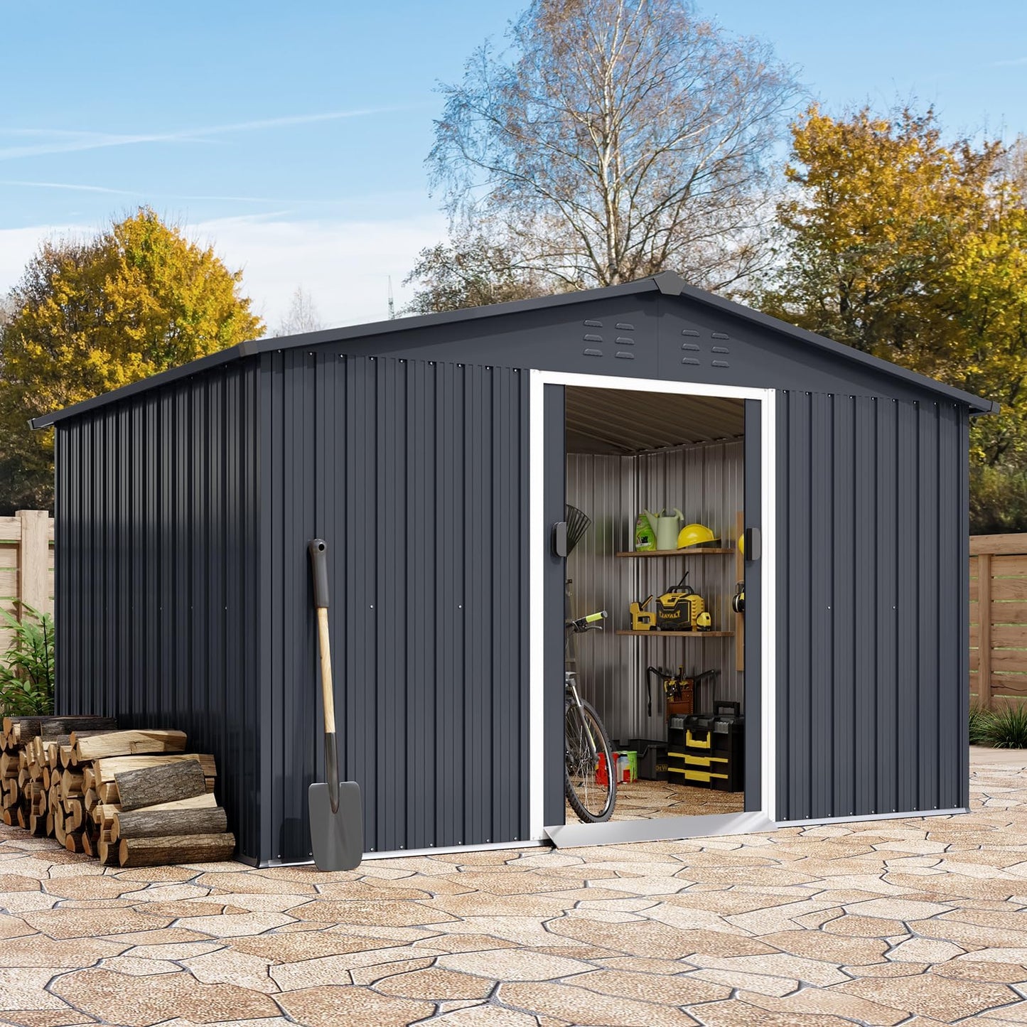 10x12 FT Outdoor Metal Storage Shed with Lockable Door - Large Waterproof Galvanized Steel Shed, Pitched Roof & Vents for Tools, Lawn Mower, Bike, Garbage Cans, Backyard, Garden (Grey)