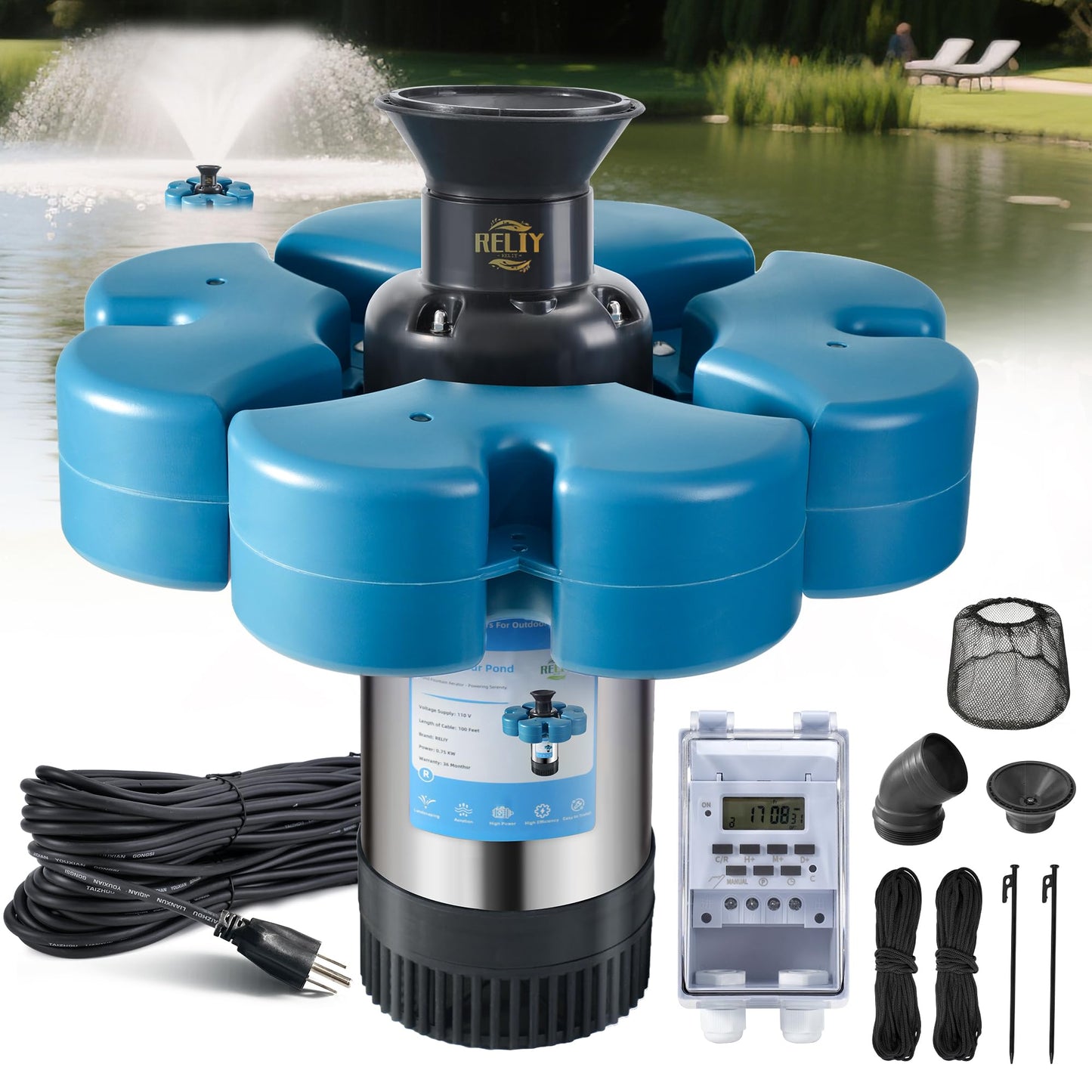 RELIY Pond Fountain Aerator, 15000 GPH 110V 1HP Fountain Pump, Fully Automatic Powerful Lake Floating Fountain, 100 FT Power Cord, 2x100 FT Traction Rope, Pond Fountains For Large Ponds